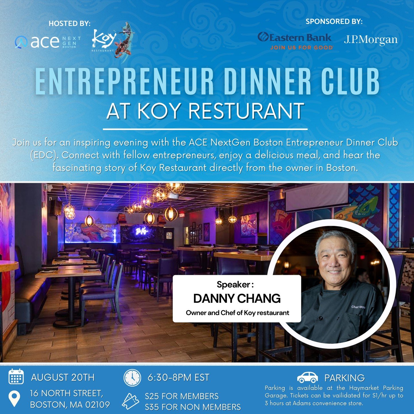 Join us for an inspiring evening with ACE NextGen Boston! 

Connect with fellow entrepreneurs and enjoy a delicious meal at Koy Restaurant in historic Faneuil Hall. 

Network, dine, and be inspired by Koy's unique Korean flavors and modern culinary t