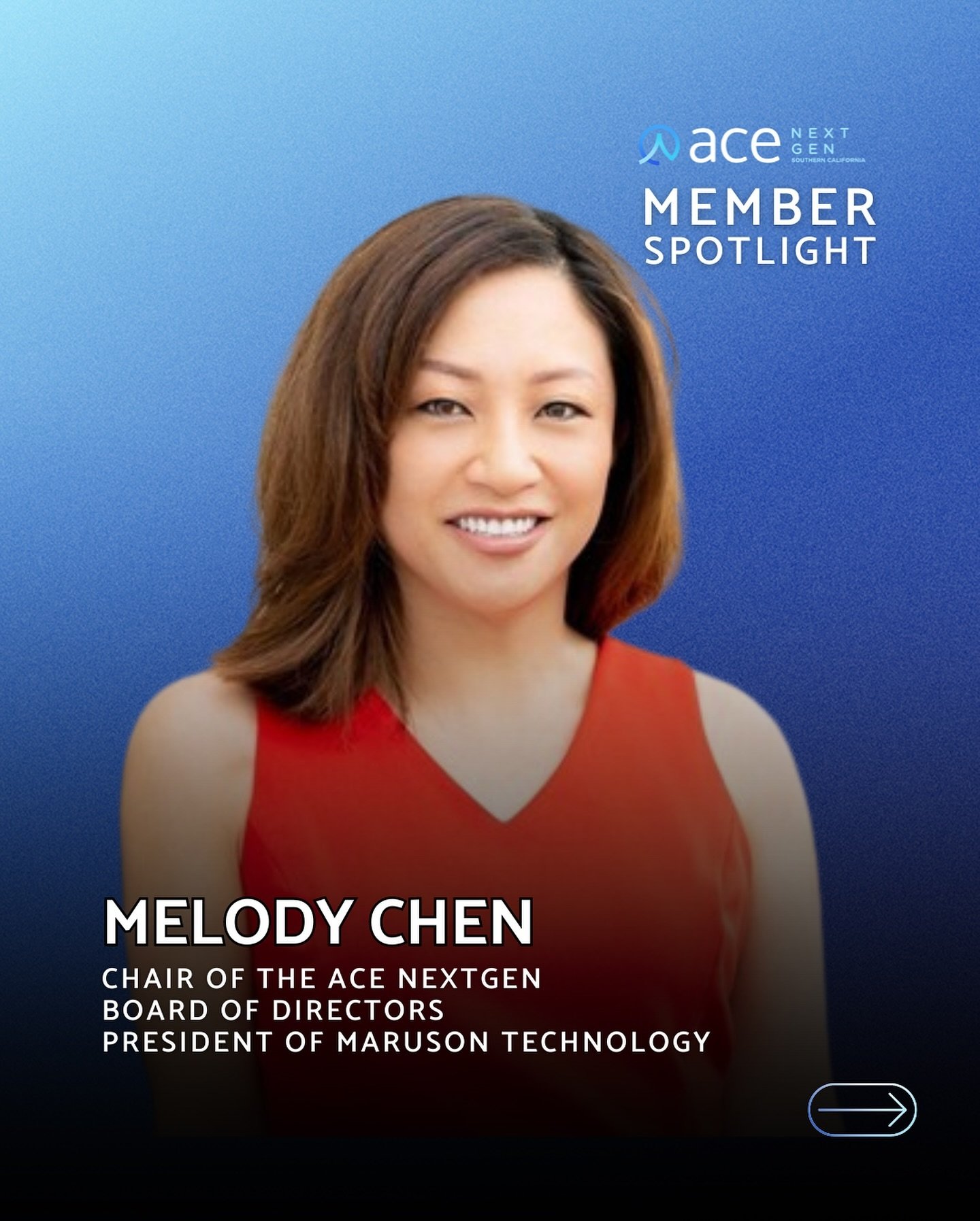 To kick off our Member Spotlight series, we are highlighting none other than Melody Chen, current Chair of the @acenextgen&rsquo;s Board of Directors. 

As president of Maruson Technology, Melody wears an array of entrepreneurial hats (like so many o
