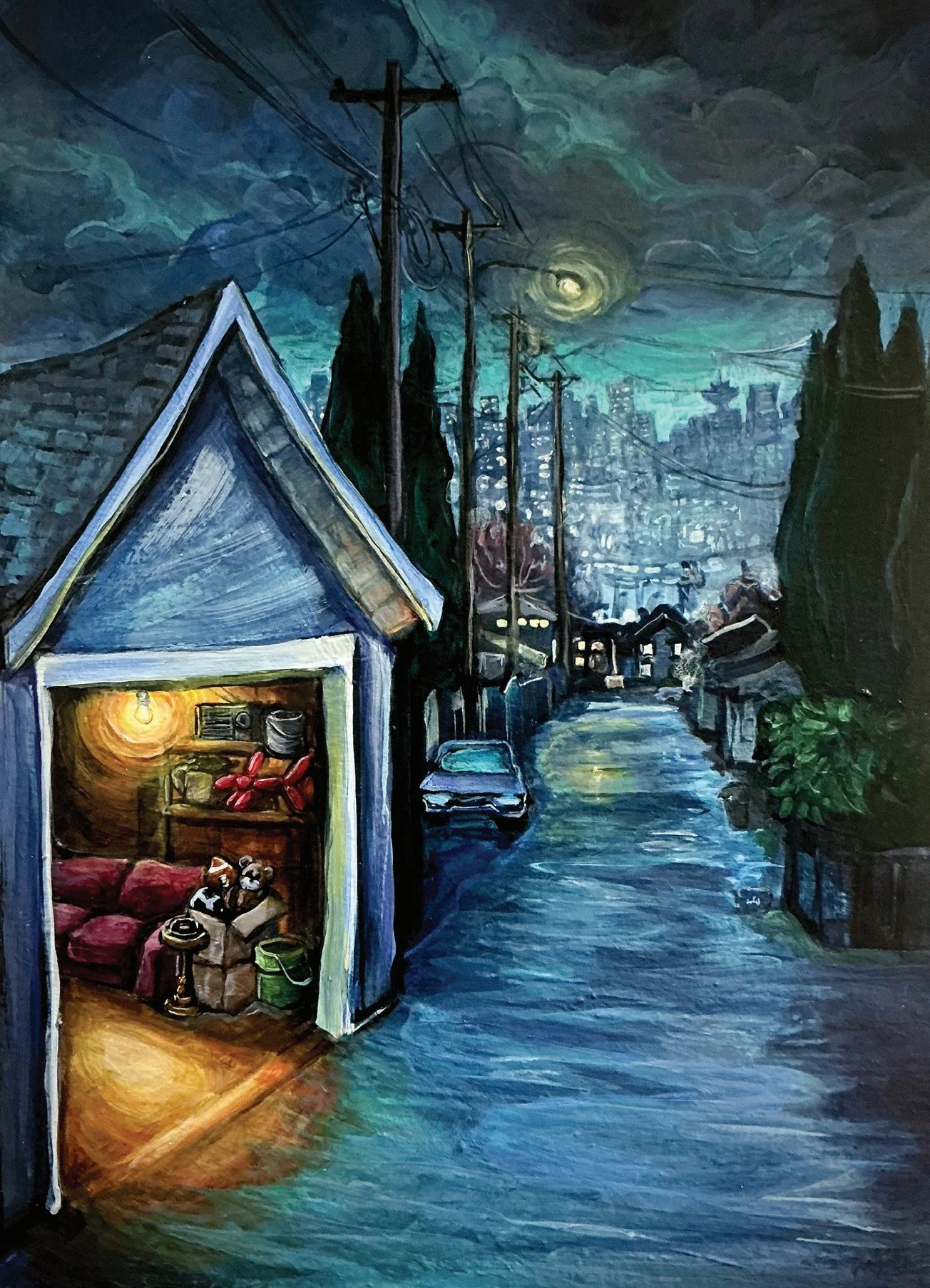 Painting by Laura Zerebeski. Backlane, blue twilight. Left, open garage glows orange. Inside, detritus: couch; box of toys; shelves, full; ashtray; bucket. Down-lane, distant city in nacreous pacific green. Overhead, dim streetlamp; dark clouds roil.