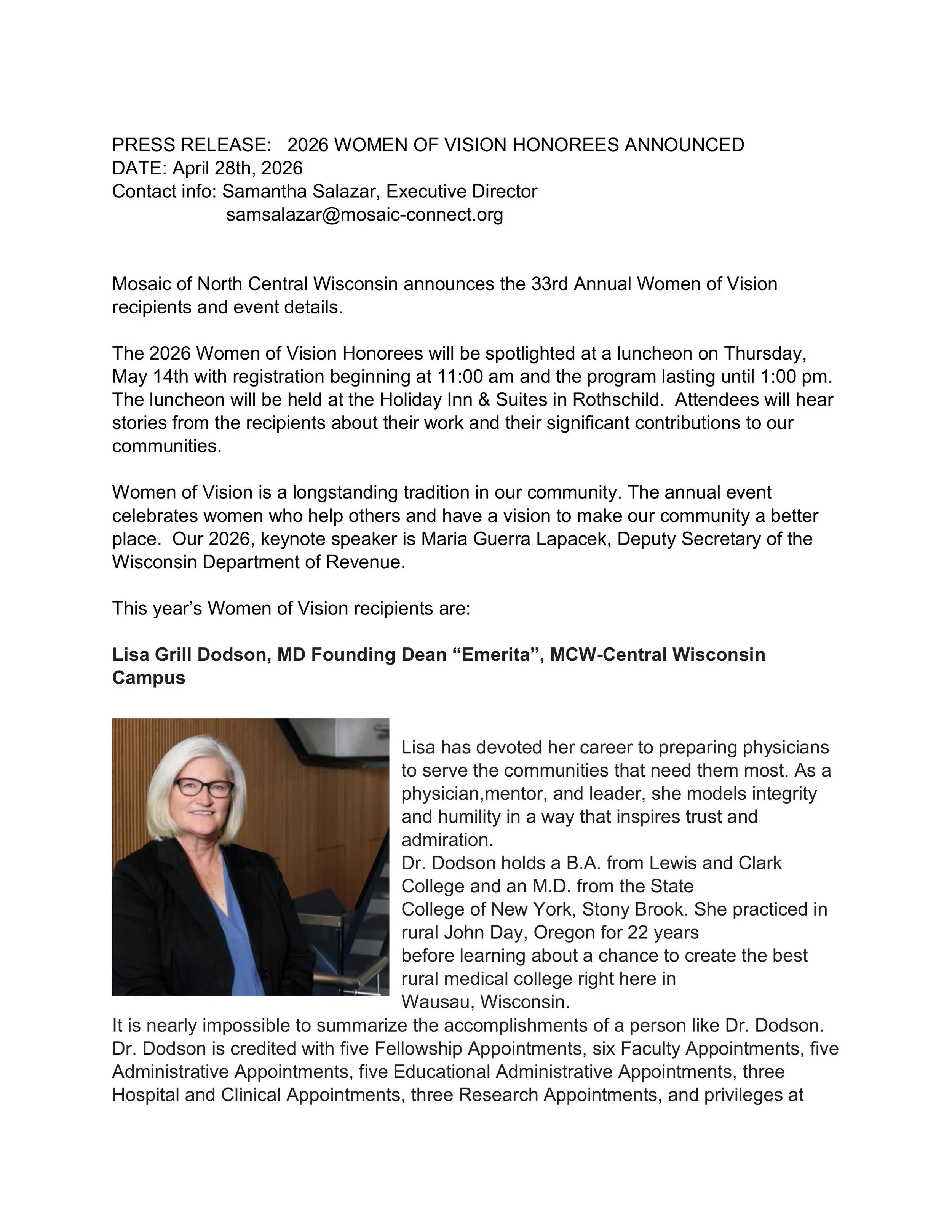 Press Release: 2026 Women of Vision Honorees