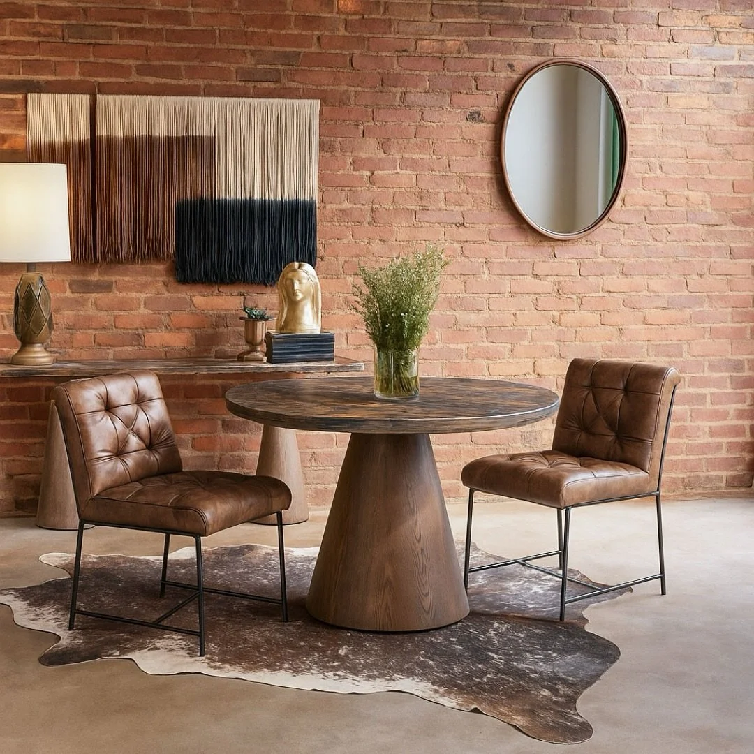 The Vista 48&Prime; Round Dining Table with lava marble and sculptural dark oak base meets the Essex Stockton 19&Prime; Counter Chair in antique whiskey leather. A timeless pairing by @hometrendsanddesign rooted in texture, contrast, and timeless app