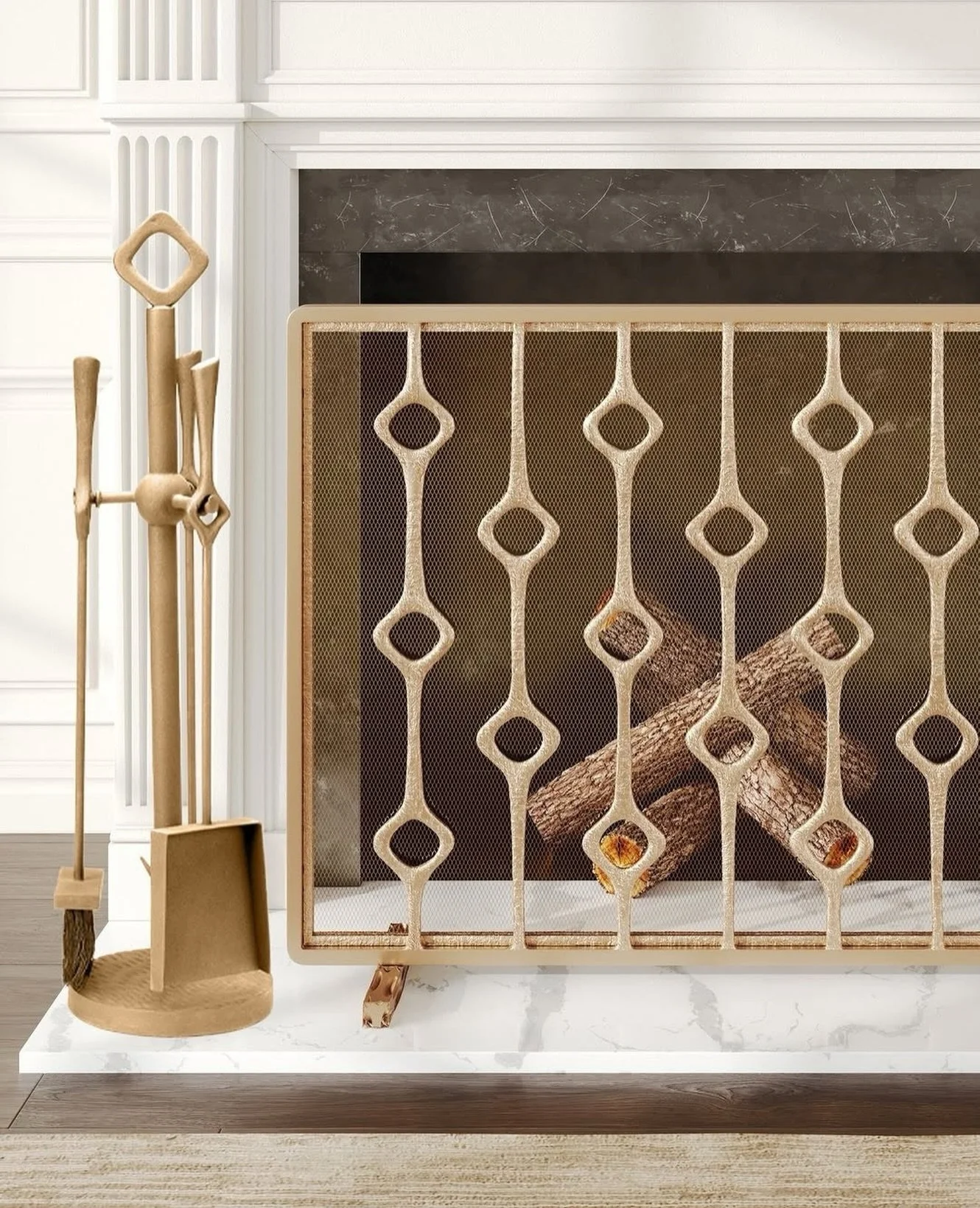 Functional flair, refined ✨️ The Webster fireplace tools and screen by @madegoods showcase cast iron craftsmanship and diamond-inspired detail, a timeless design that elevates the room as a whole.

Available at @whitneyevansltd
Located at the @denver