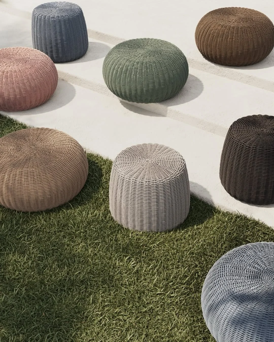 Introduce a touch of texture to your outdoor space with @ebel.inc&rsquo;s latest collection of outdoor poufs.  Crafted with Ebel&rsquo;s Eco-Weave, the Cloud Collection is available in seven stylish colors and two sizes, ensuring these accent pieces 