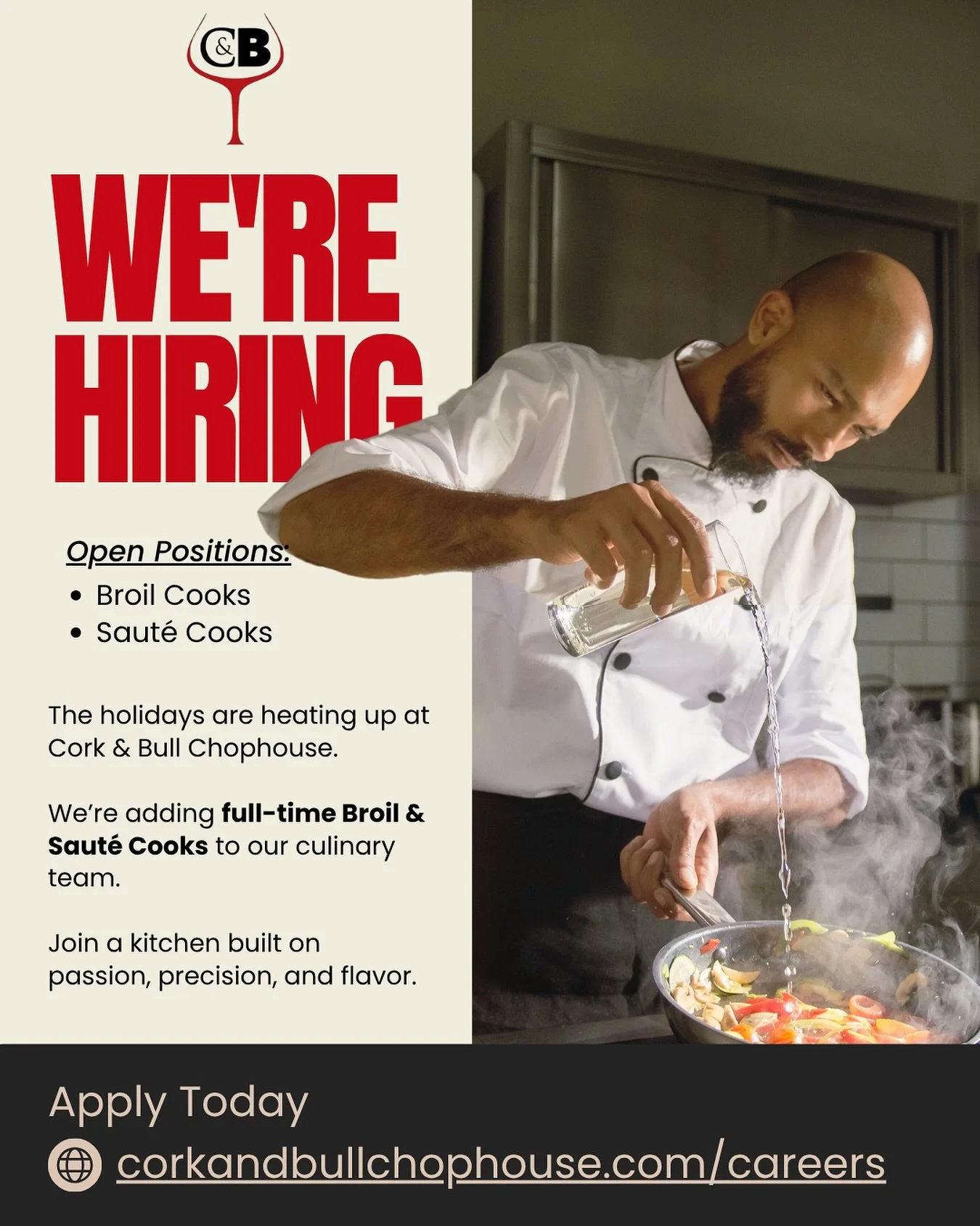 Join a kitchen built on passion, precision, and flavor.
Cork & Bull Chophouse is adding full-time Broil & Sauté Cooks as we prepare for our busy holiday season.
π§‍π³π₯π©‍π³
Bring your talent, dedication, and love for fine din