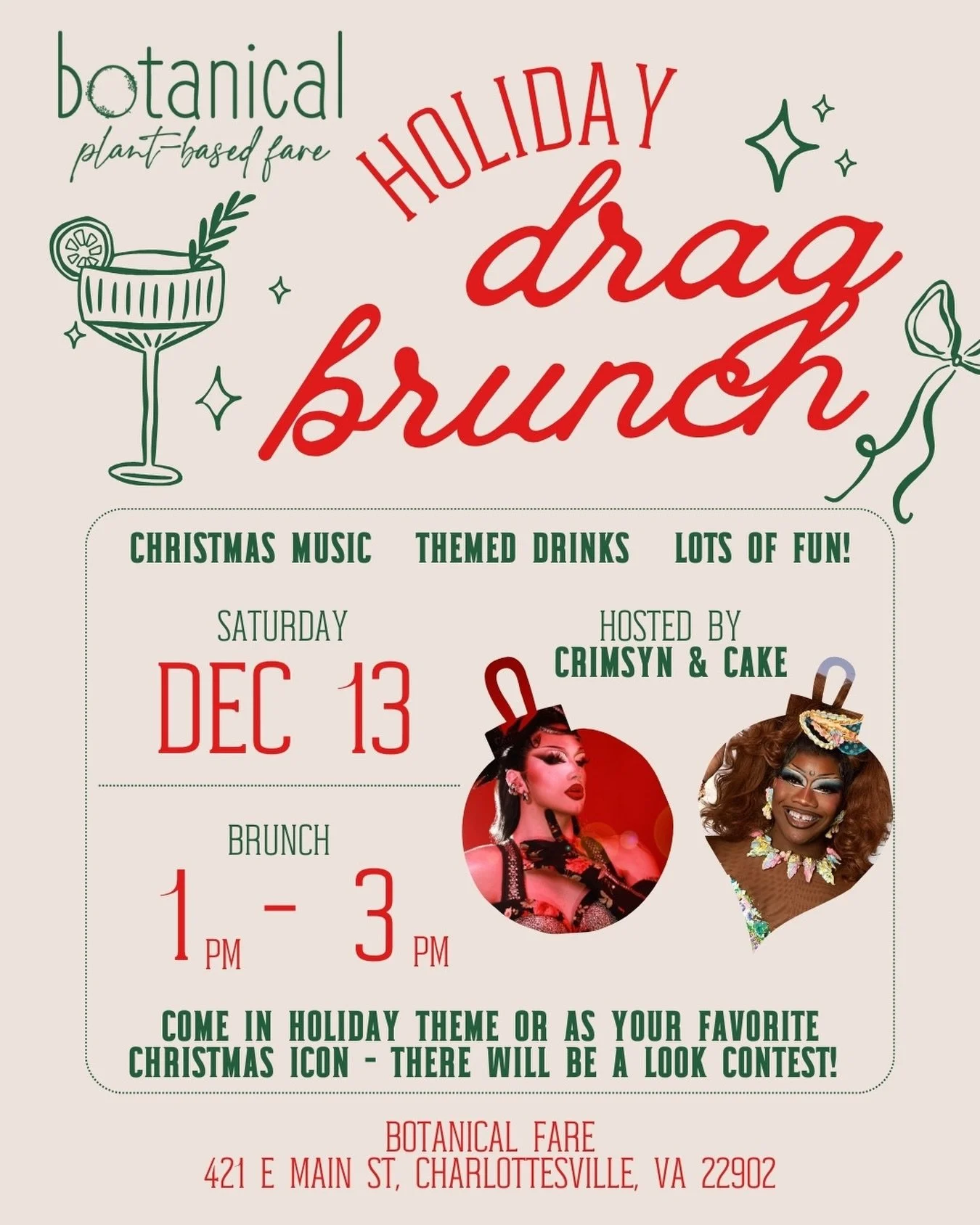 A change of plans for next Saturday!! ☃️🧑&zwj;🎄 We&rsquo;ll be having a holiday themed drag brunch instead, so come have some holiday day-drinking fun (rare for us on a Saturday)! THERE WILL BE A &ldquo;LOOK&rdquo; CONTEST, but even if you don&rsqu