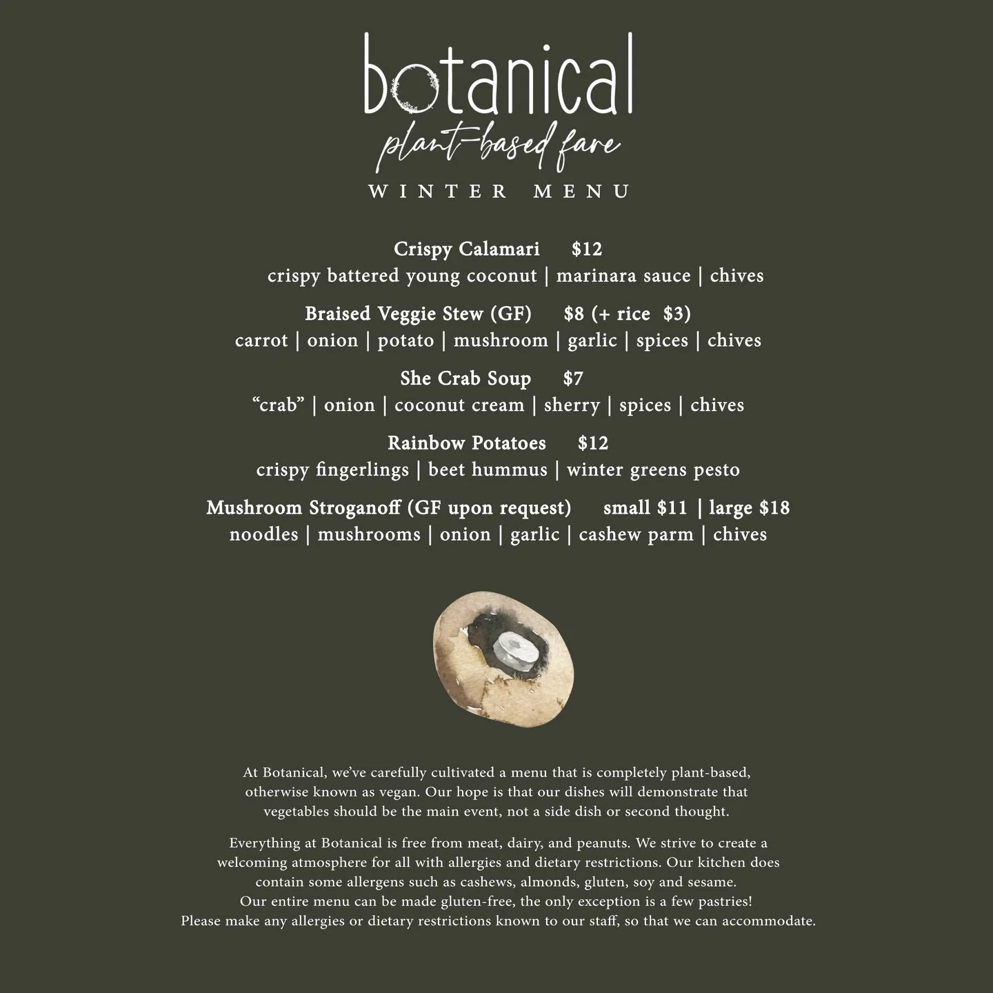 We launched our new winter menu!! ☃️ From calamari (made from young coconut meat) to braised vegetable stew &amp; shakshuka on the brunch menu, we&rsquo;ve got you covered on comforting vegan winter options! ❄️