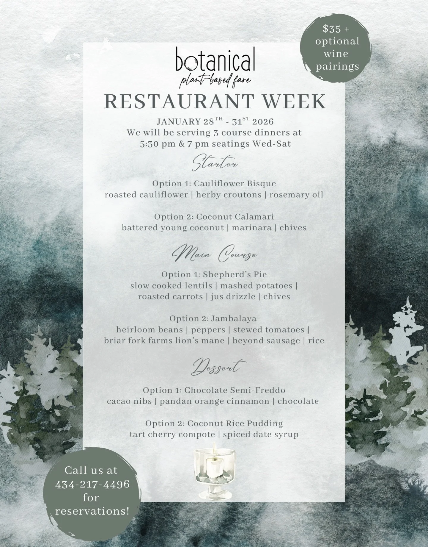 We are pleased to welcome all of Charlottesville to Restaurant Week this January!

We will be featuring a seasonal and locally sourced menu 3 course dinner for $35.

Reservations are not necessary for our daytime dining (which only include our regula