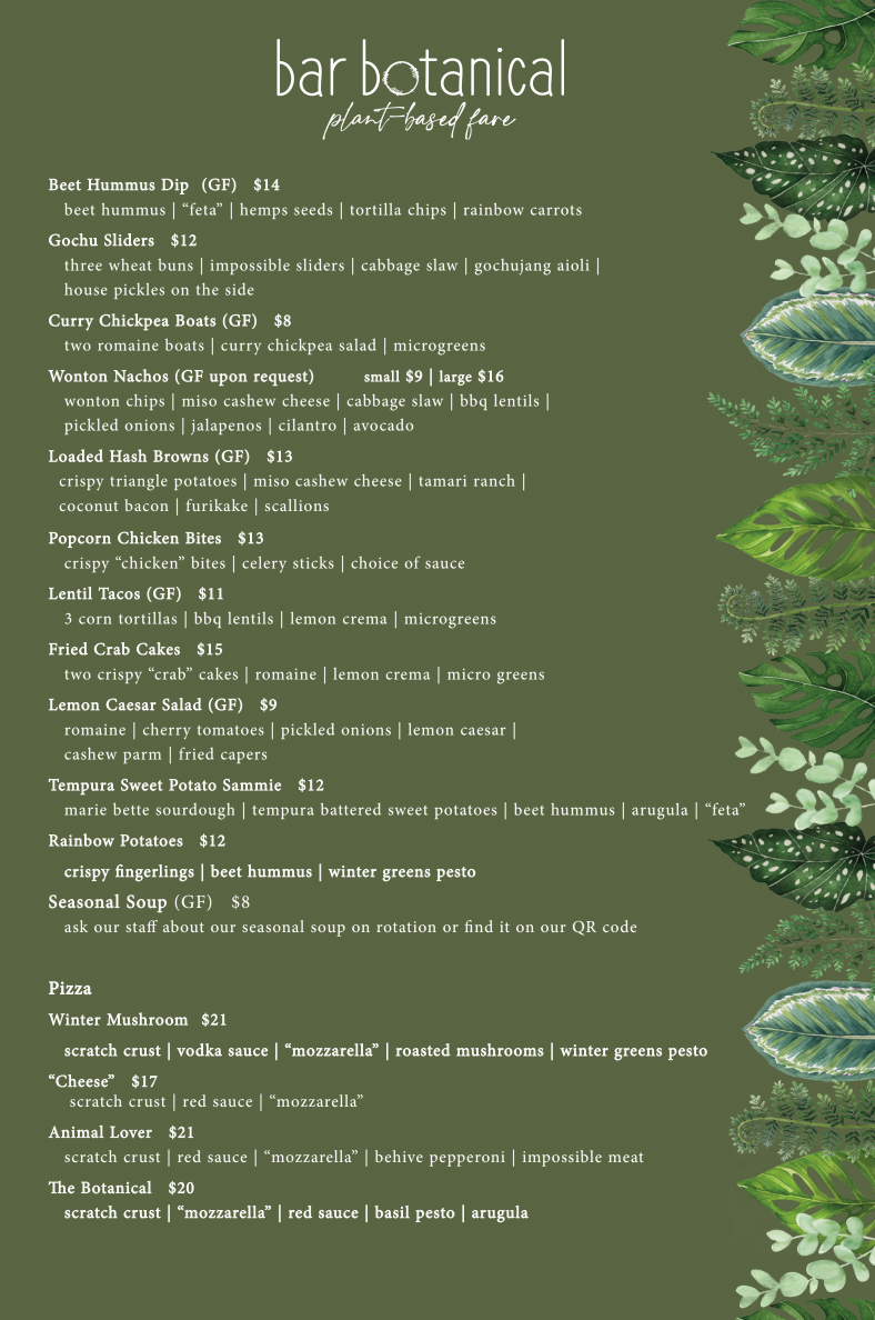Menu for a plant-based restaurant called 'bar botanical' with green leafy decor, listing dishes like beet hummus dip, gochu sliders, curry chickpea boats, loaded hash browns, popcorn chicken bites, lentil tacos, fried crab cakes, lemon Caesar salad, 