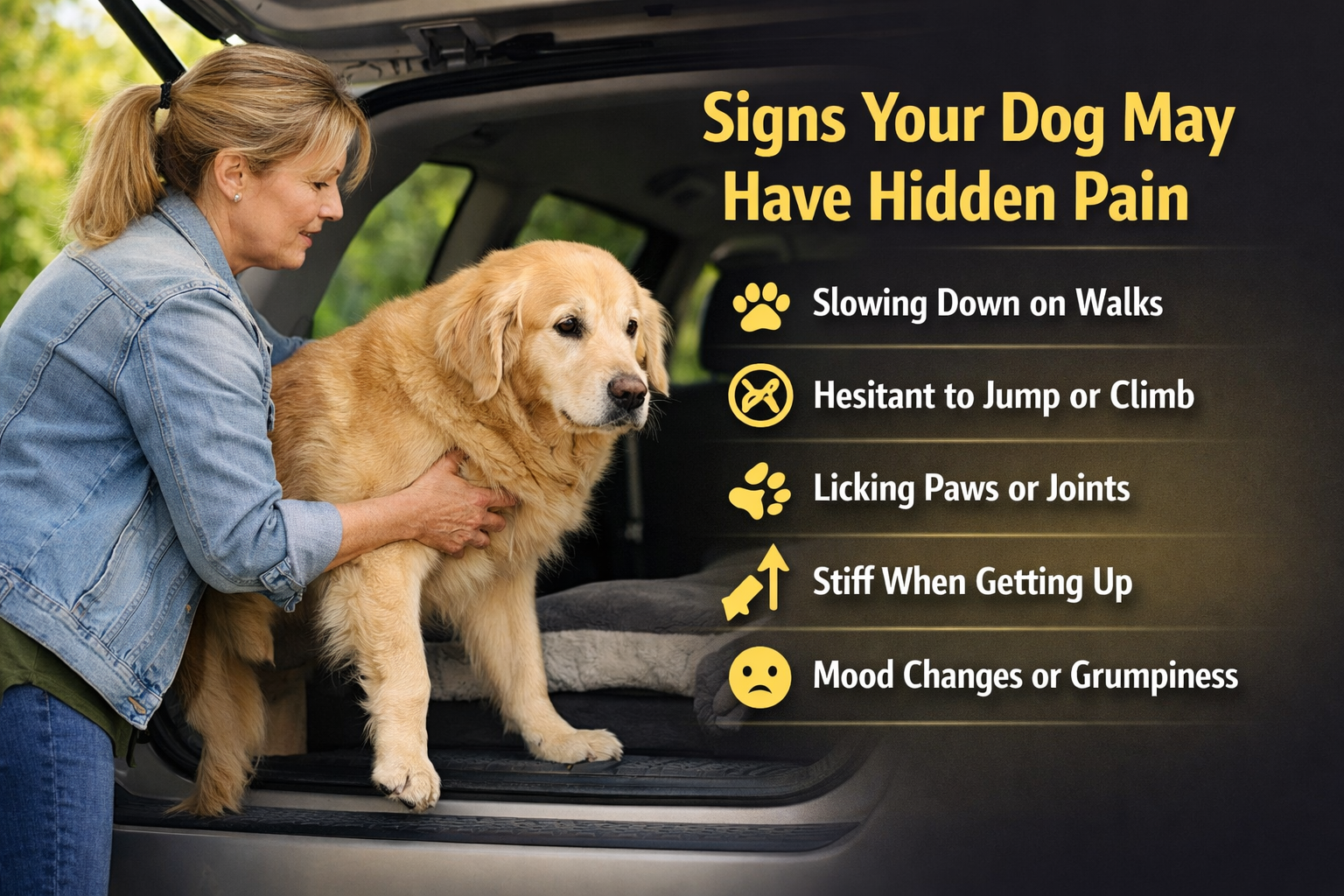 dog with pain, dog can not jump, dog not moving well, dogs mobility is not good, my dog is stiff and sore, my dog is licking joints and paws, my dog is having mood changes