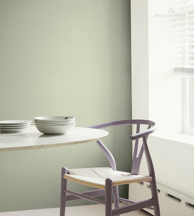  Interior design concept green benjamin moore dining room with wishbone dining chair  healthy materials 