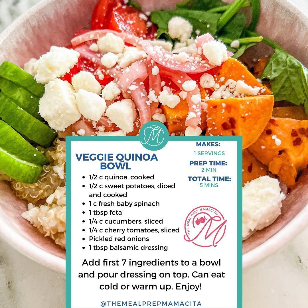 ✨VEGGIE QUINOA BOWL✨

1/2 c quinoa, cooked
1/2 c sweet potatoes, diced and cooked
1 c fresh baby spinach
1 tbsp feta
1/4 c cucumbers, sliced
1/4 c cherry tomatoes, sliced
Pickled red onions
1 tbsp balsamic dressing

Add first 7 ingredients to a bowl 
