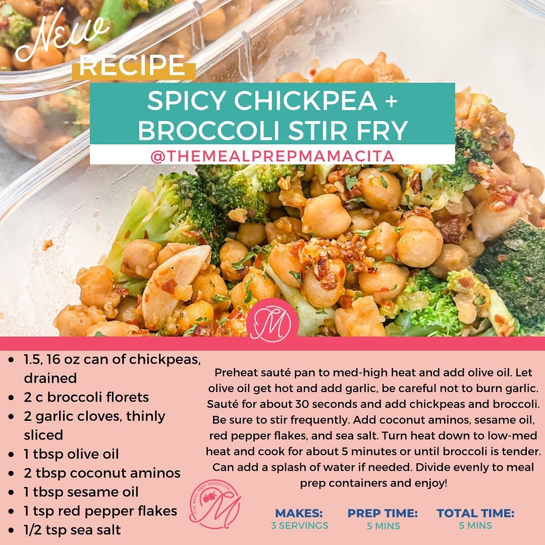 🌶️🥦SPICY CHICKPEA + BROCCOLI STIR FRY🥦🌶️

1.5, 16 oz can of chickpeas, drained
2 c broccoli florets
2 garlic cloves, thinly sliced
1 tbsp olive oil
2 tbsp coconut aminos
1 tbsp sesame oil
1 tsp red pepper flakes
1/2 tsp sea salt

Preheat saut&eac