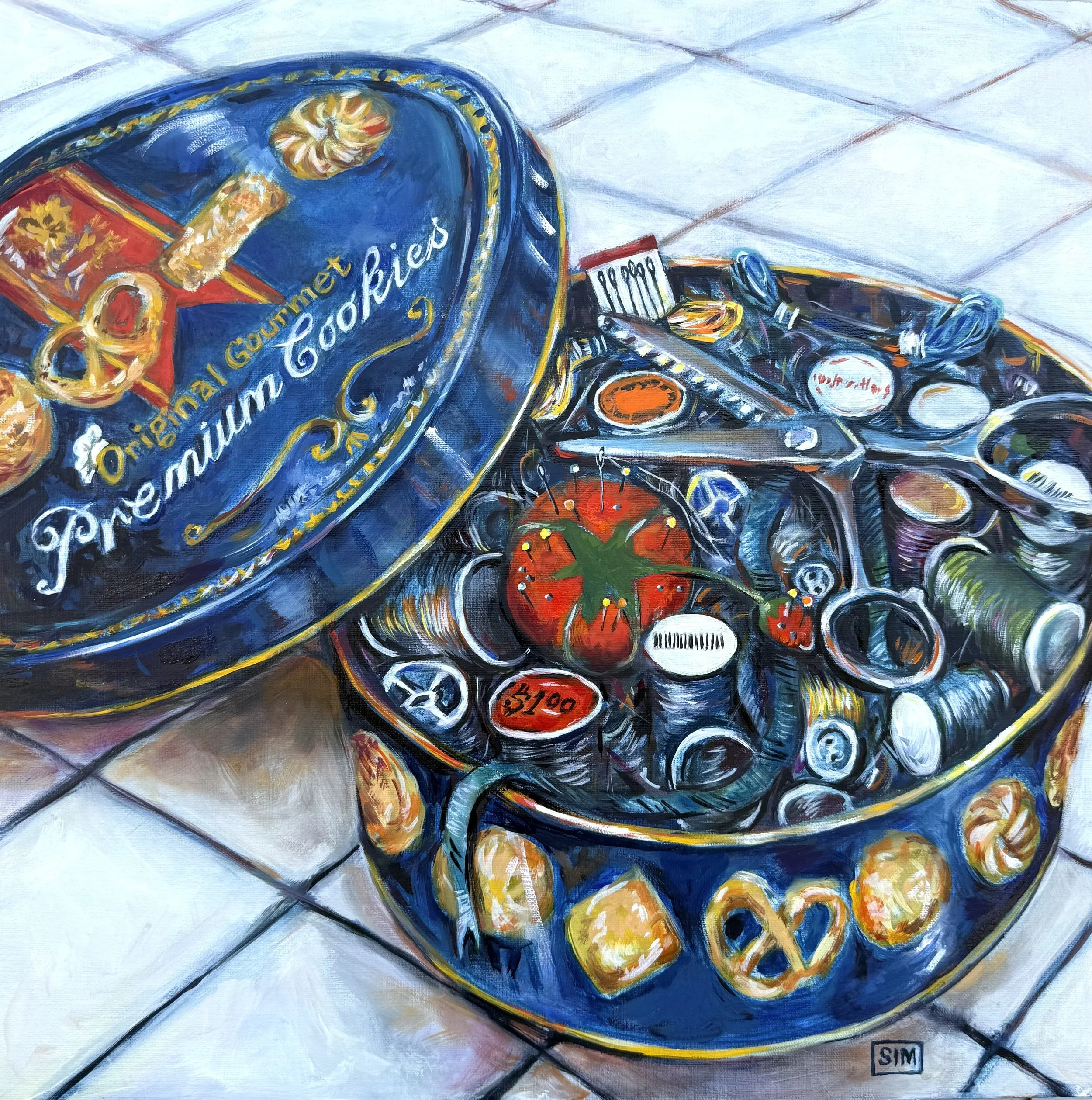 Stitched in Time 16x16 oil on linen panel