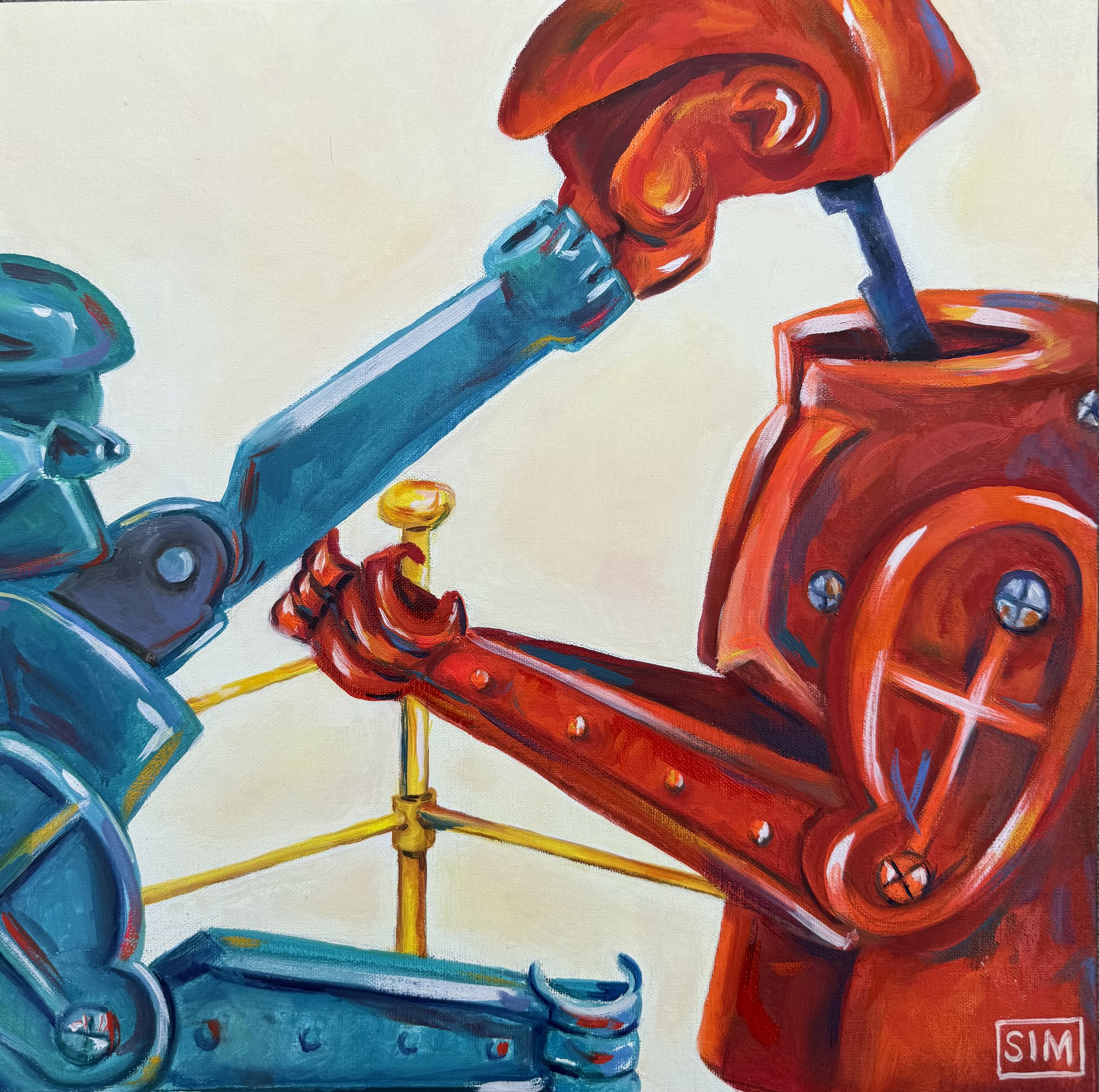 Toying with Memories, Rock'Em Sock'Em Robots, 12x12 oil on linen panel