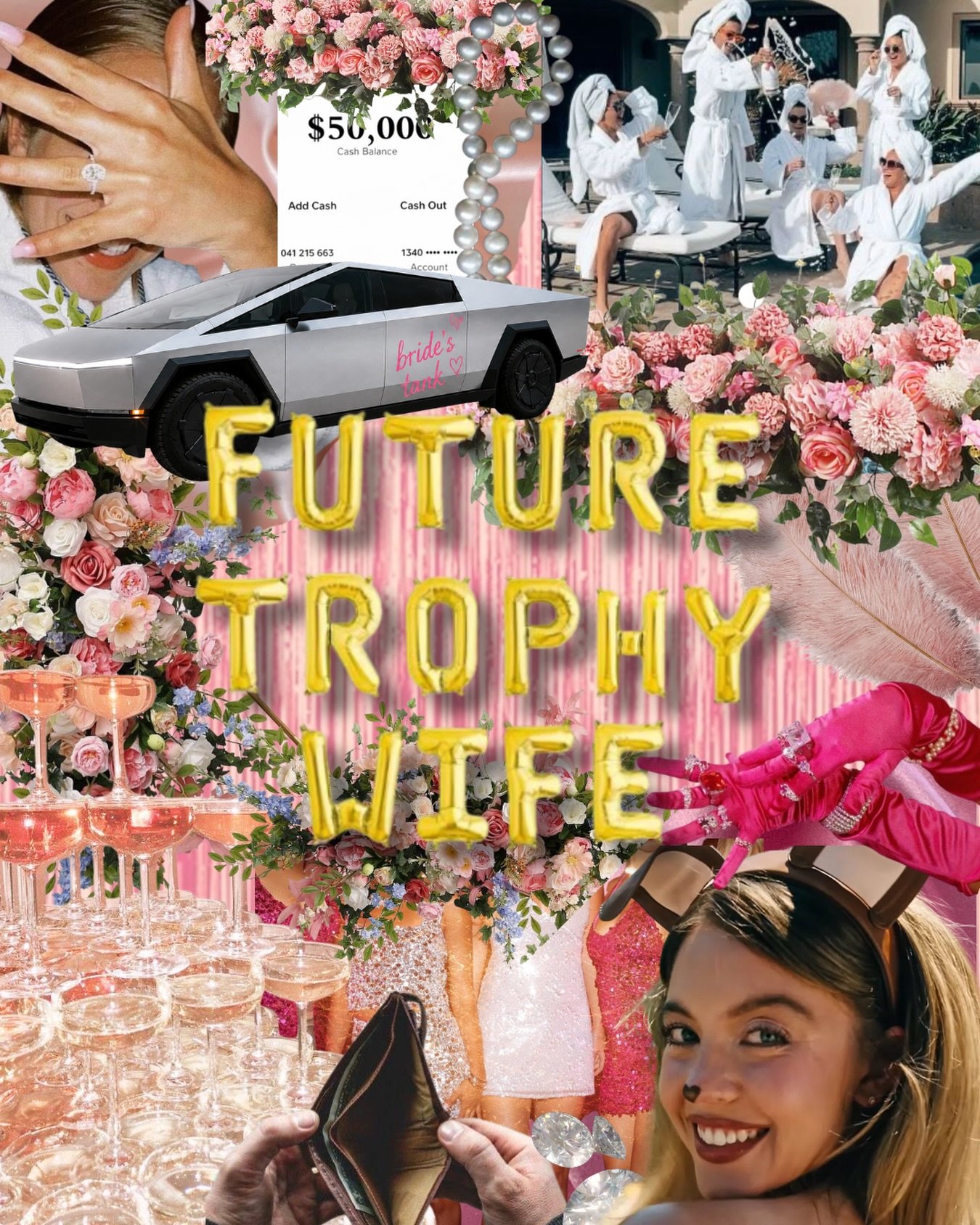 If Cassie came to us for a bachelorette party, here&rsquo;s her decor. 💸💍🏆

The budget: $50K in florals.
The transportation: Cybertruck.
The plot twist: Nate&rsquo;s broke and the ring has already been appraised. 🫢

Obviously, nobody is throwing 