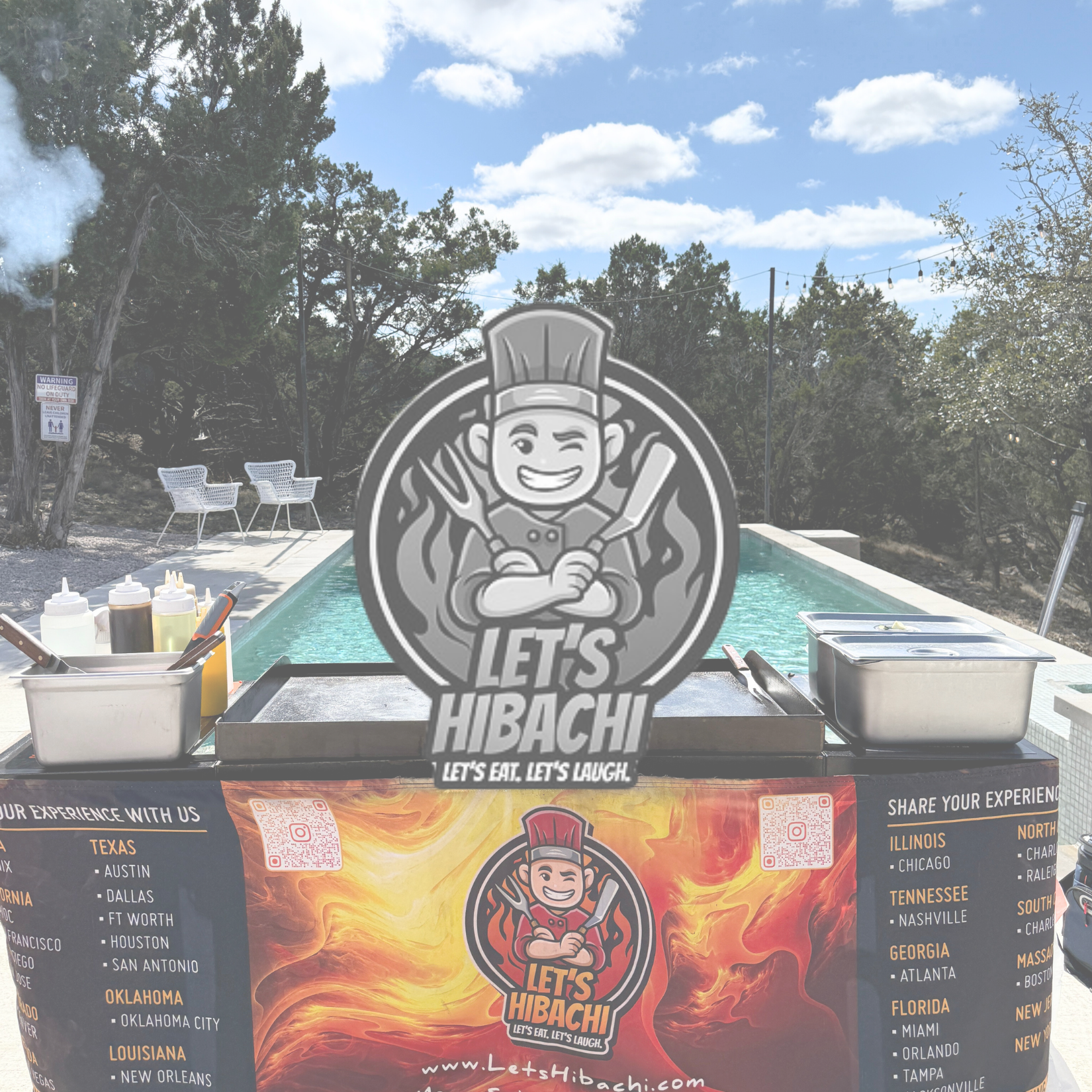 Outdoor food stand with a large Let's Hibachi sign featuring a cartoon chef holding grilling utensils, set up by a poolside on a sunny day.
