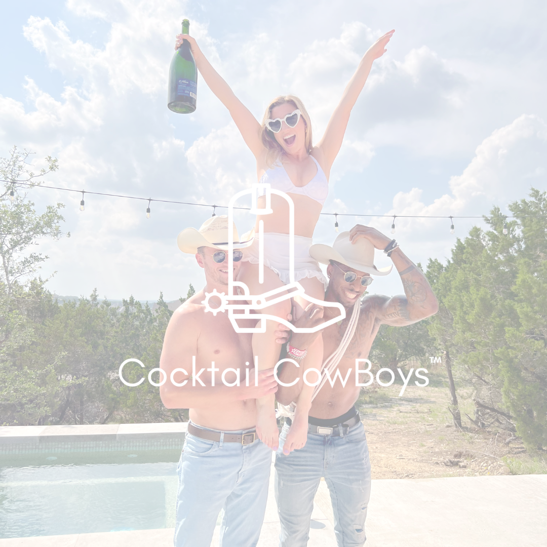 Three young adults celebrating outdoors, with one woman sitting on two men's shoulders holding a champagne bottle, all wearing sunglasses and cowboy hats, in a sunny setting with trees in the background.