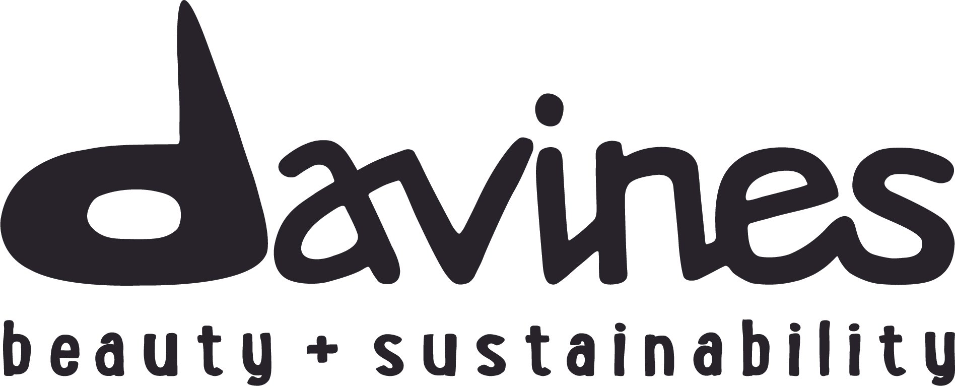 The logo for Davines, a beauty and sustainability brand, featuring the brand name in bold black lowercase letters with a stylized lowercase 'd' and the tagline 'beauty + sustainability' beneath.