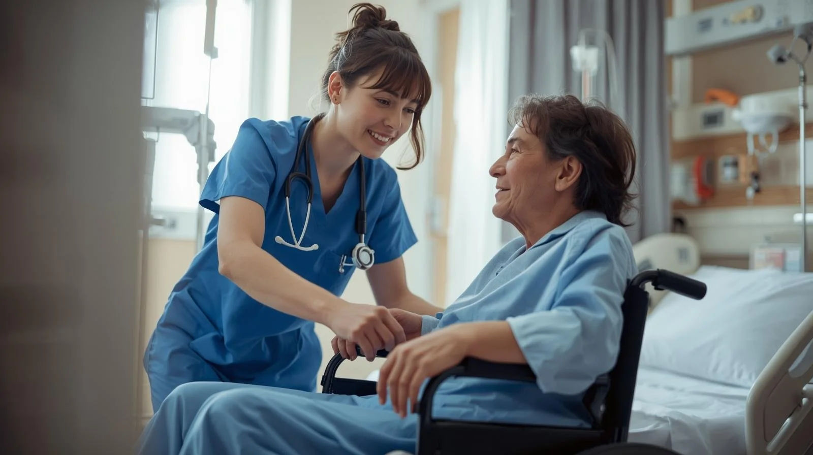 A smiling nurse assists a patient in a wheelchair during a hospital discharge in Oklahoma City, highlighting compassionate care and mobility support.
