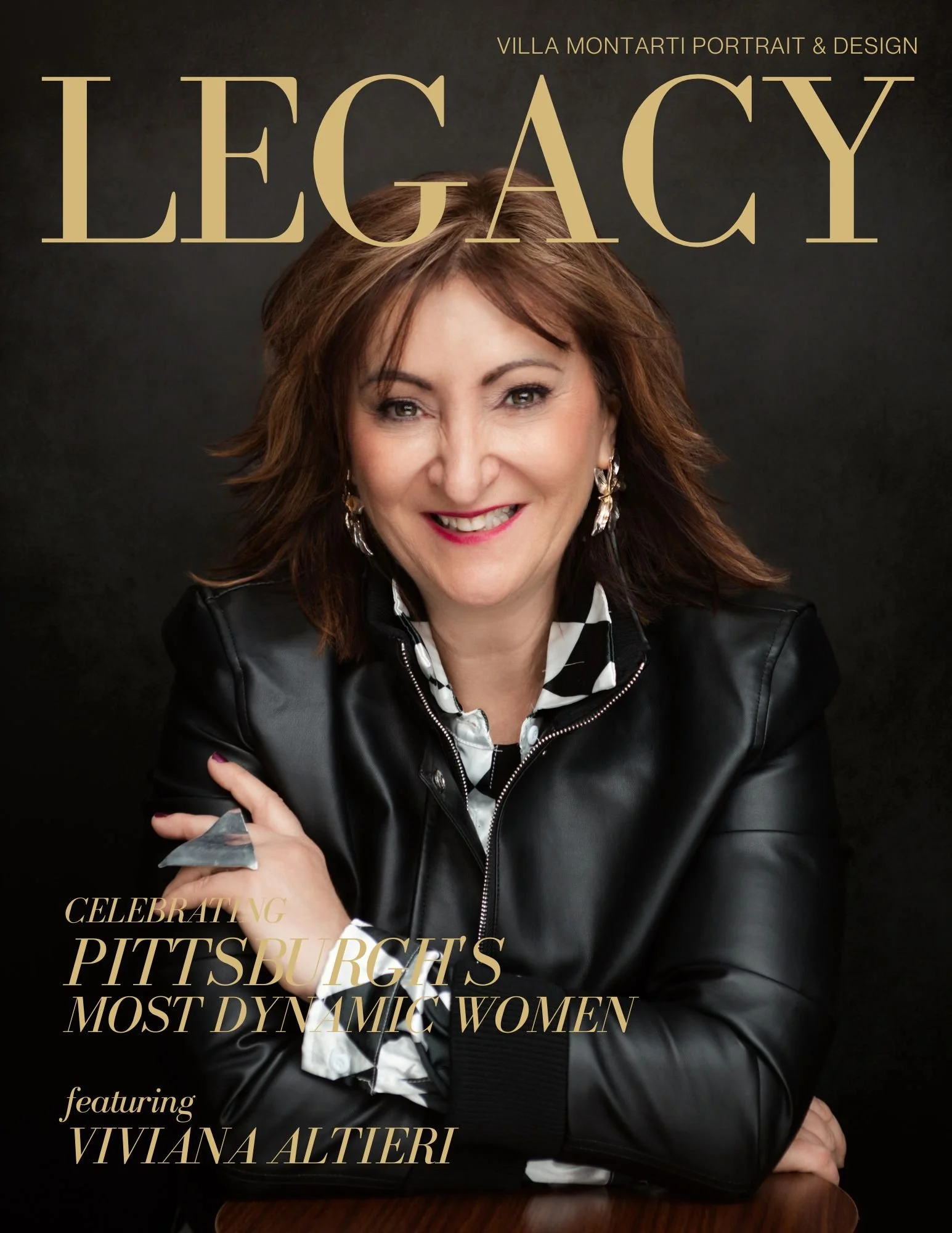 LEGACY magazine cover featuring Viviana Altieri smiling with arms folded, wearing a black leather jacket and statement jewelry. Gold text reads “Celebrating Pittsburgh’s Most Dynamic Women.”