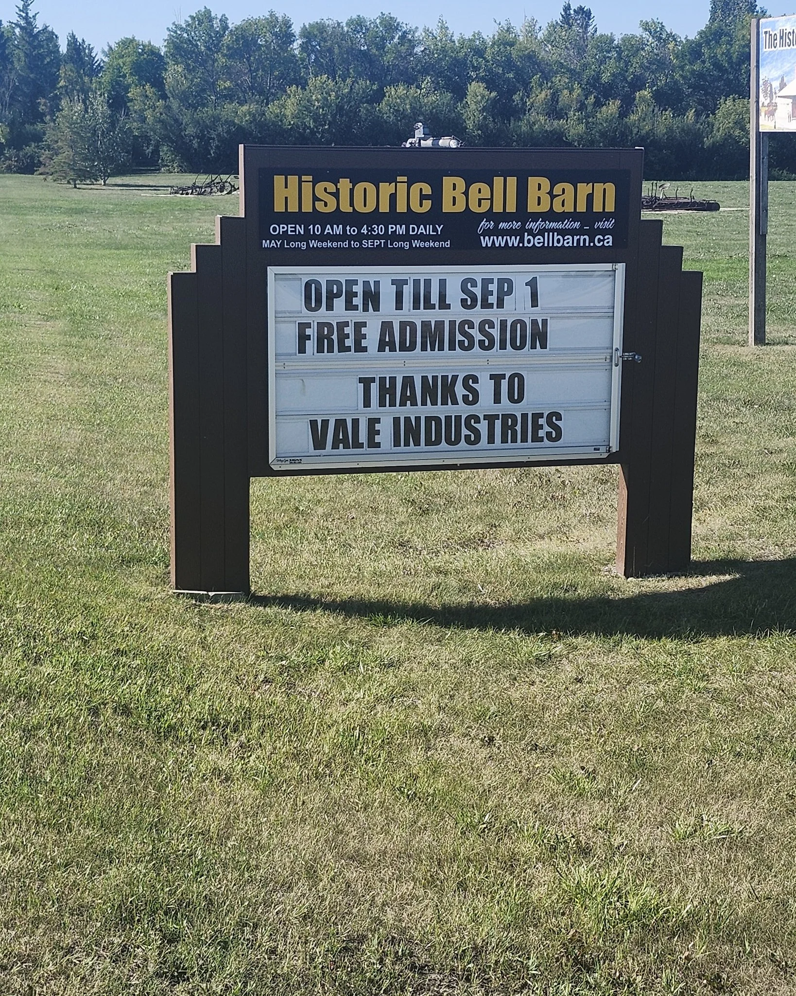 The Historic Bell Barn is open for one more week this 2025 season!

Don't miss out on your last chance for free admission! Another big thank you to Vale Industries for their grant that has allowed us to have free admission for this year.

Visit us 9: