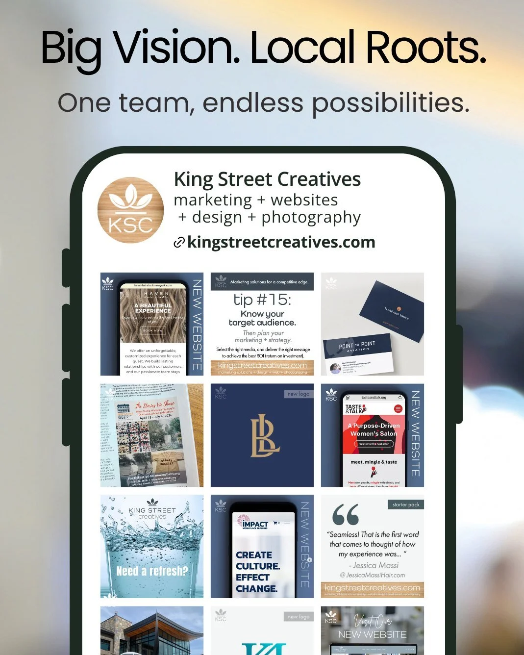 Big vision starts with the right team.

From marketing and websites to design and photography, we bring every piece of your brand together under one roof&mdash;so your message stays consistent and your business keeps moving forward.

#brand #creative