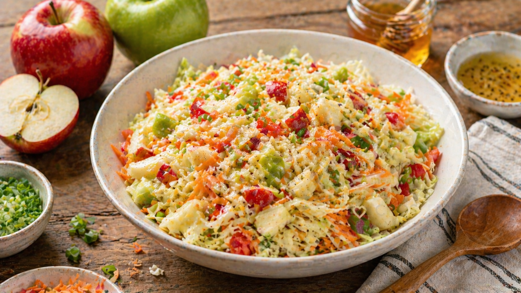 A photo of a bowl containing the recipe of apples, cabbage, carrots, and delicious creamy dressing