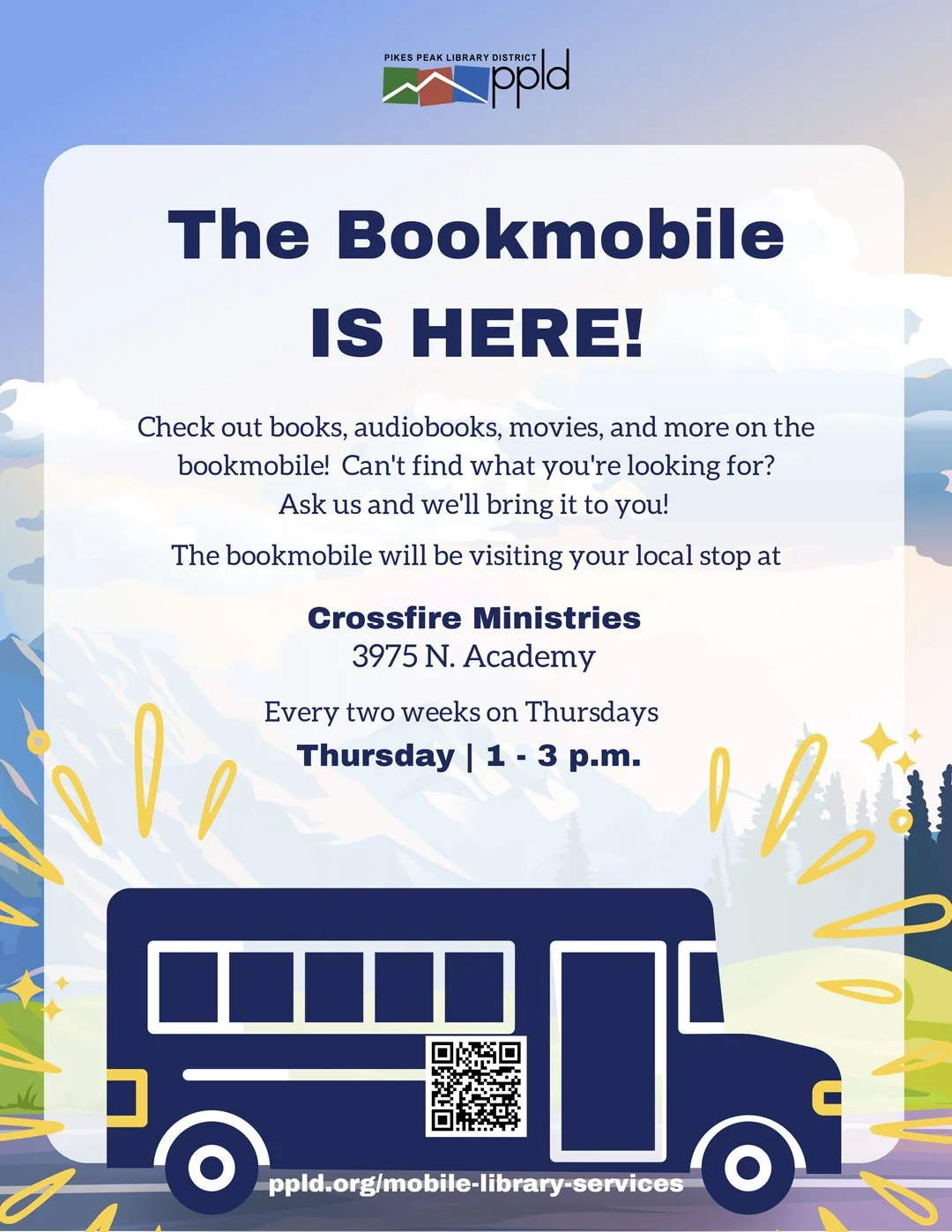 📖 Books. Movies. Learning&mdash;right outside Crossfire.

The PPLD Bookmobile is stopping at Crossfire Ministries every two weeks!

Come browse books, audiobooks, movies, and more&mdash;or ask the library team to bring something special just for you