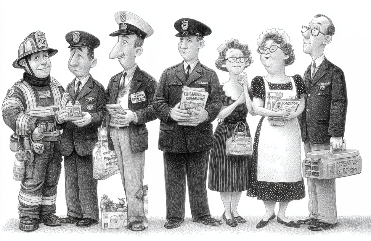 Cartoon of seven people, one of whom is dealing with food insecurity