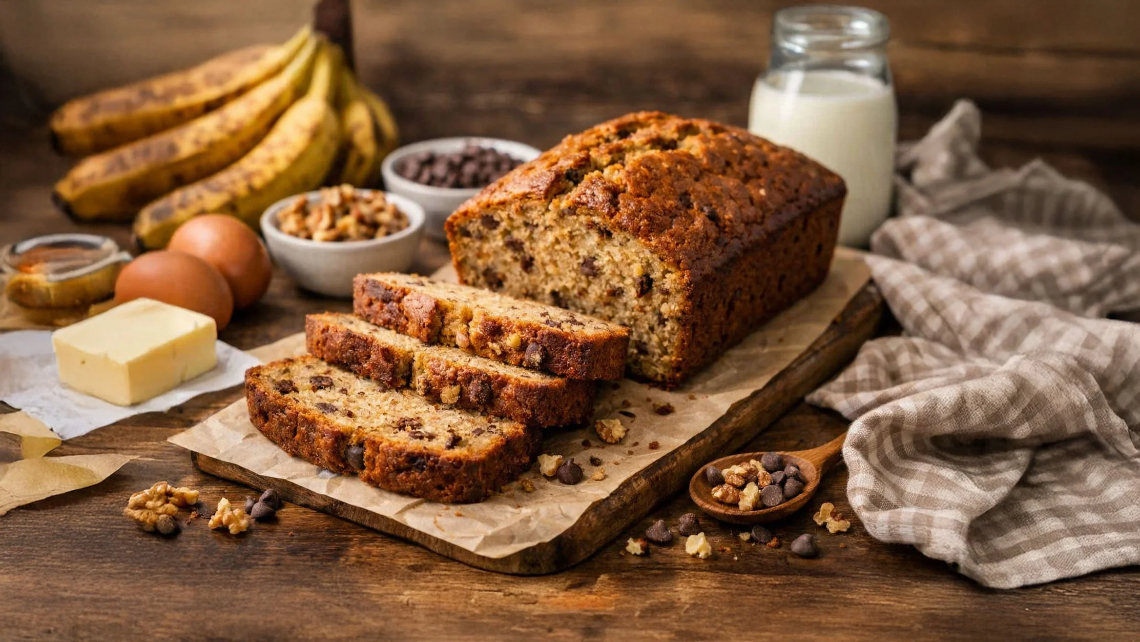 a delicious loaf of homemeade banana bread sits in a rustic kitchen, surrounded by ingredients like bananas, butter, eggs, nuts, milk and more.