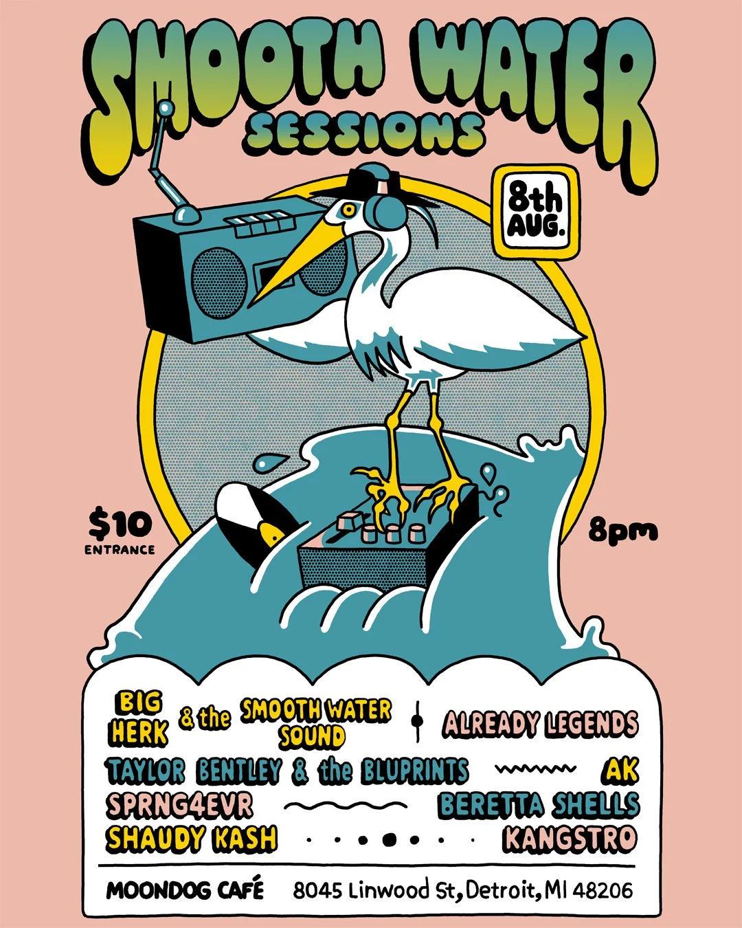 smooth water session 8/08, 2026 moondog cafe wsgs big herk, shaudy kash