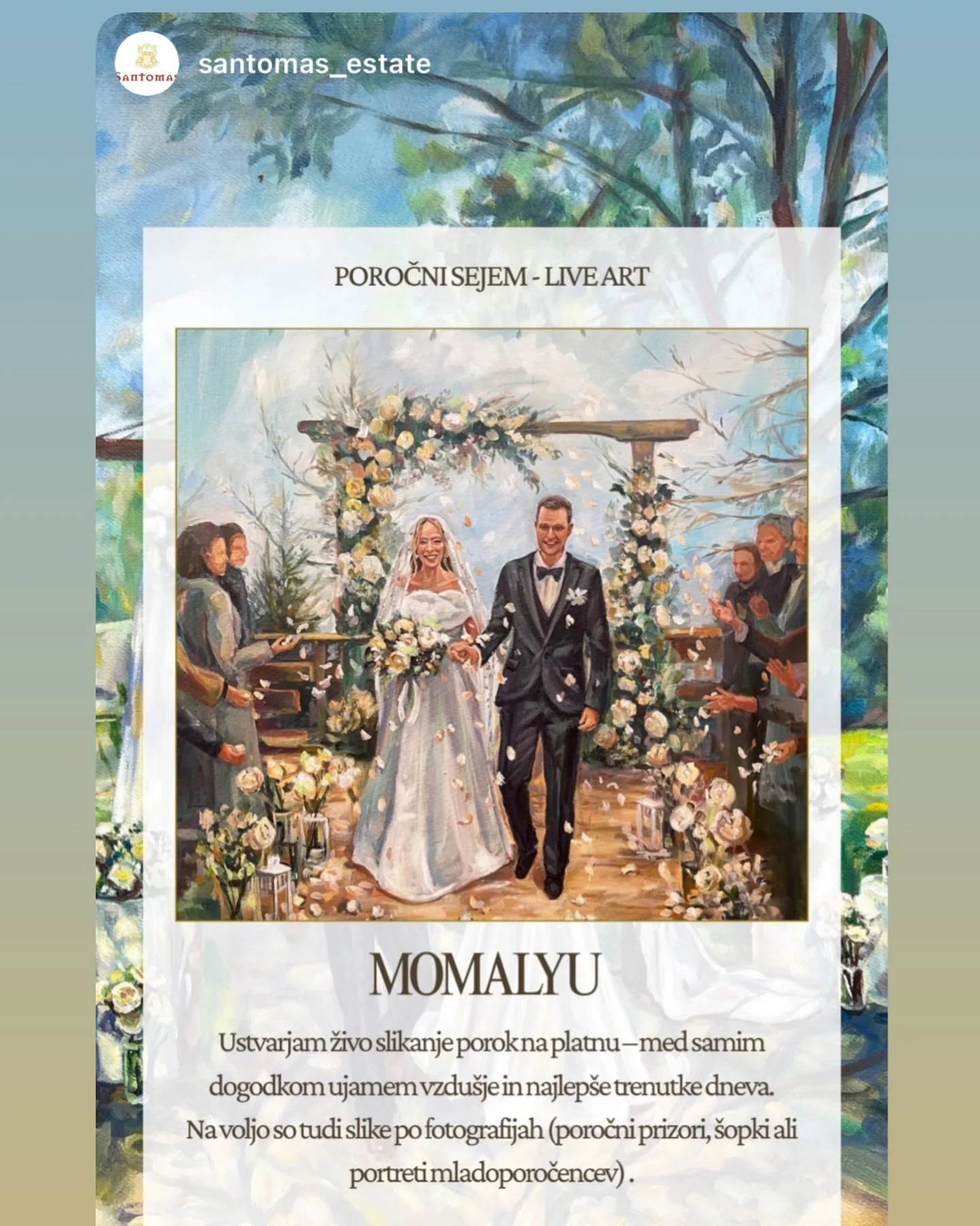 Danes me čaka čudovito srečanje z mladoporočencema 💛

Z velikim veseljem bom predstavila svoje ustvarjanje na porokah &ndash; ujemanje najlep&scaron;ih trenutkov na platno v živo, v čarobnem @santomas_estate 

Vsaka poroka je edinstvena zgodba, poln