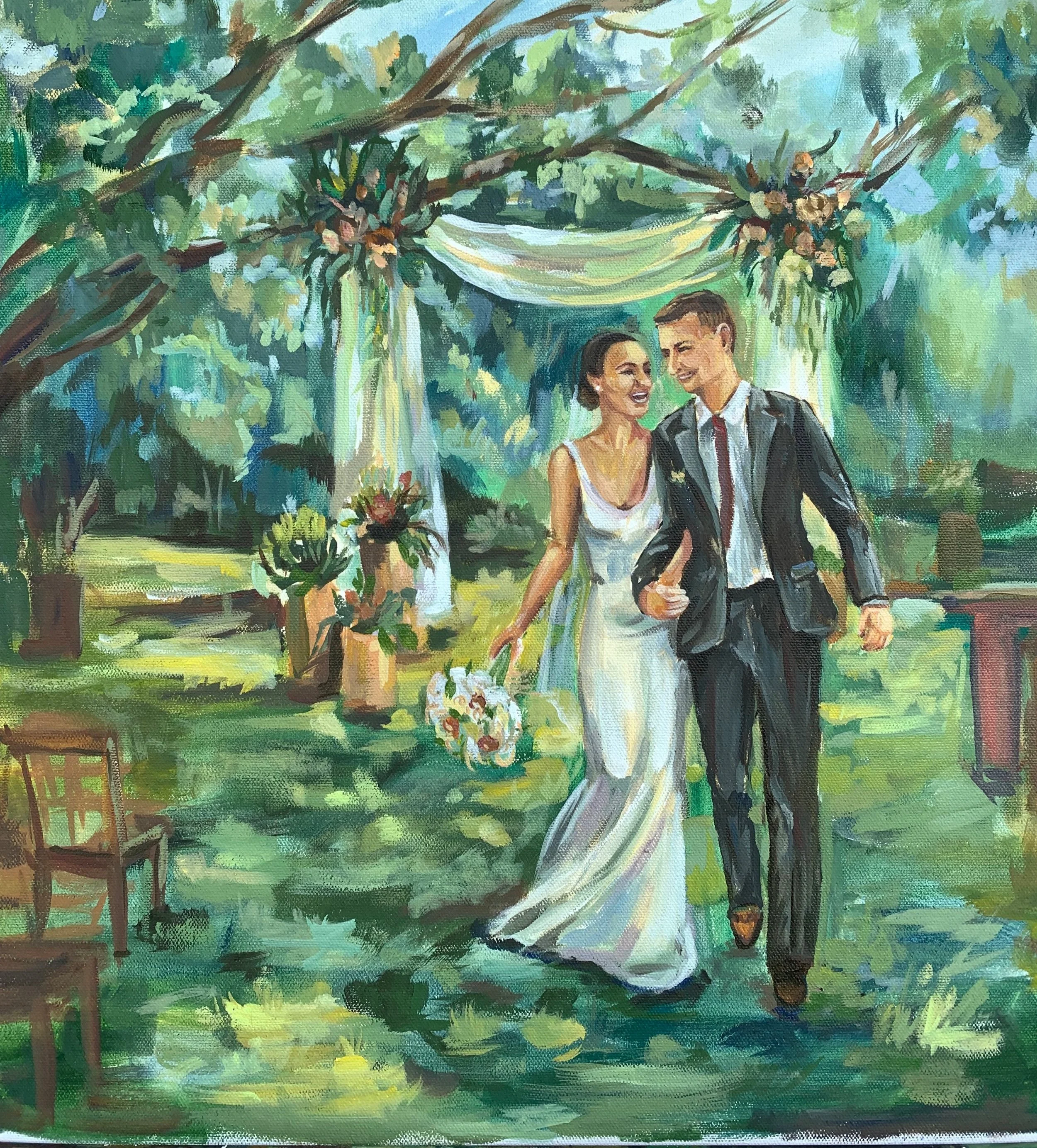 Painting of a bride and groom walking arm-in-arm outdoors under a decorated canopy, surrounded by greenery, with chairs and floral arrangements nearby.