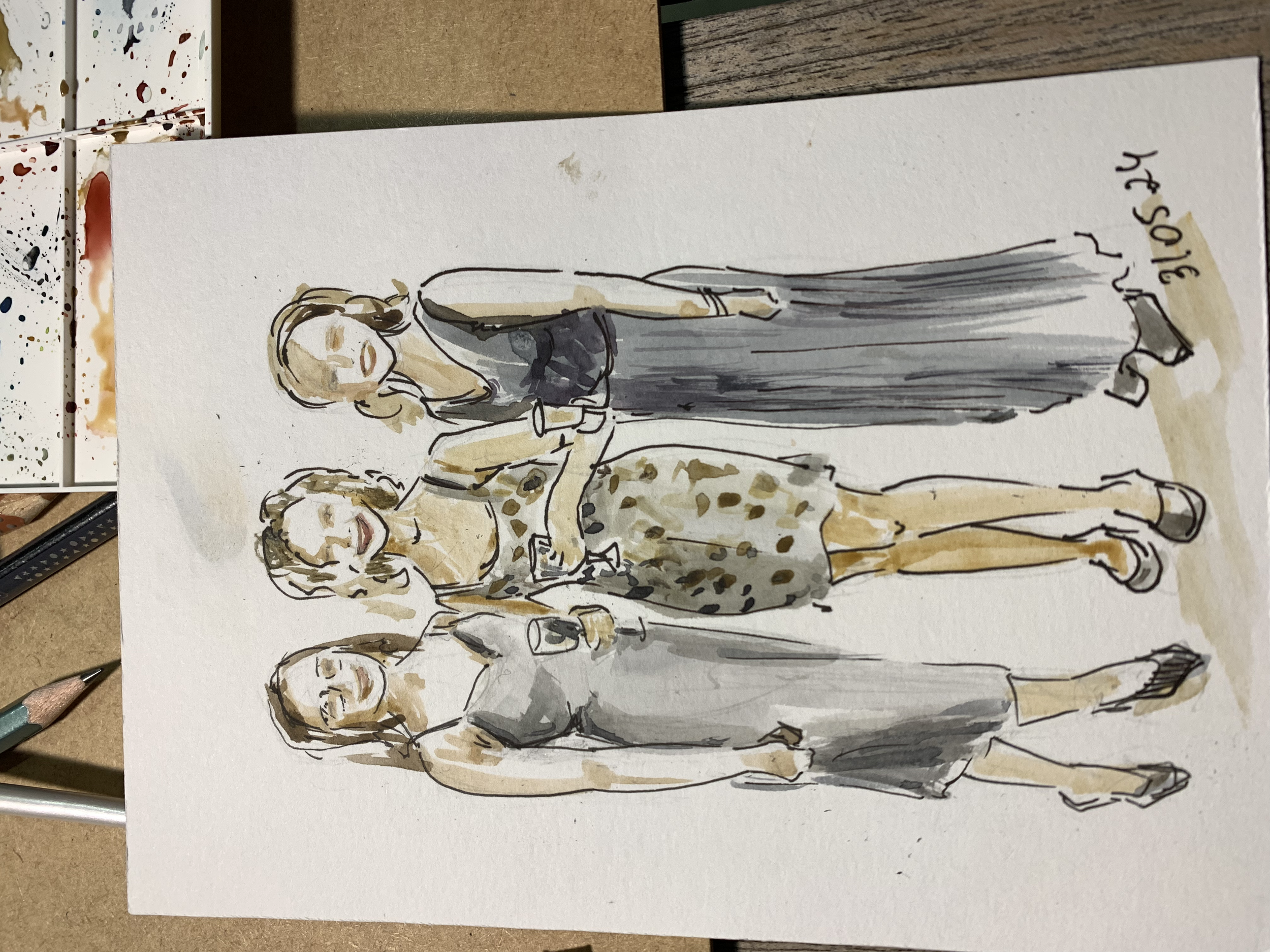 A watercolor painting of three women standing together, smiling, and carrying glasses. The women are dressed in casual summer clothing. The painting is signed with the date 3/16/21.