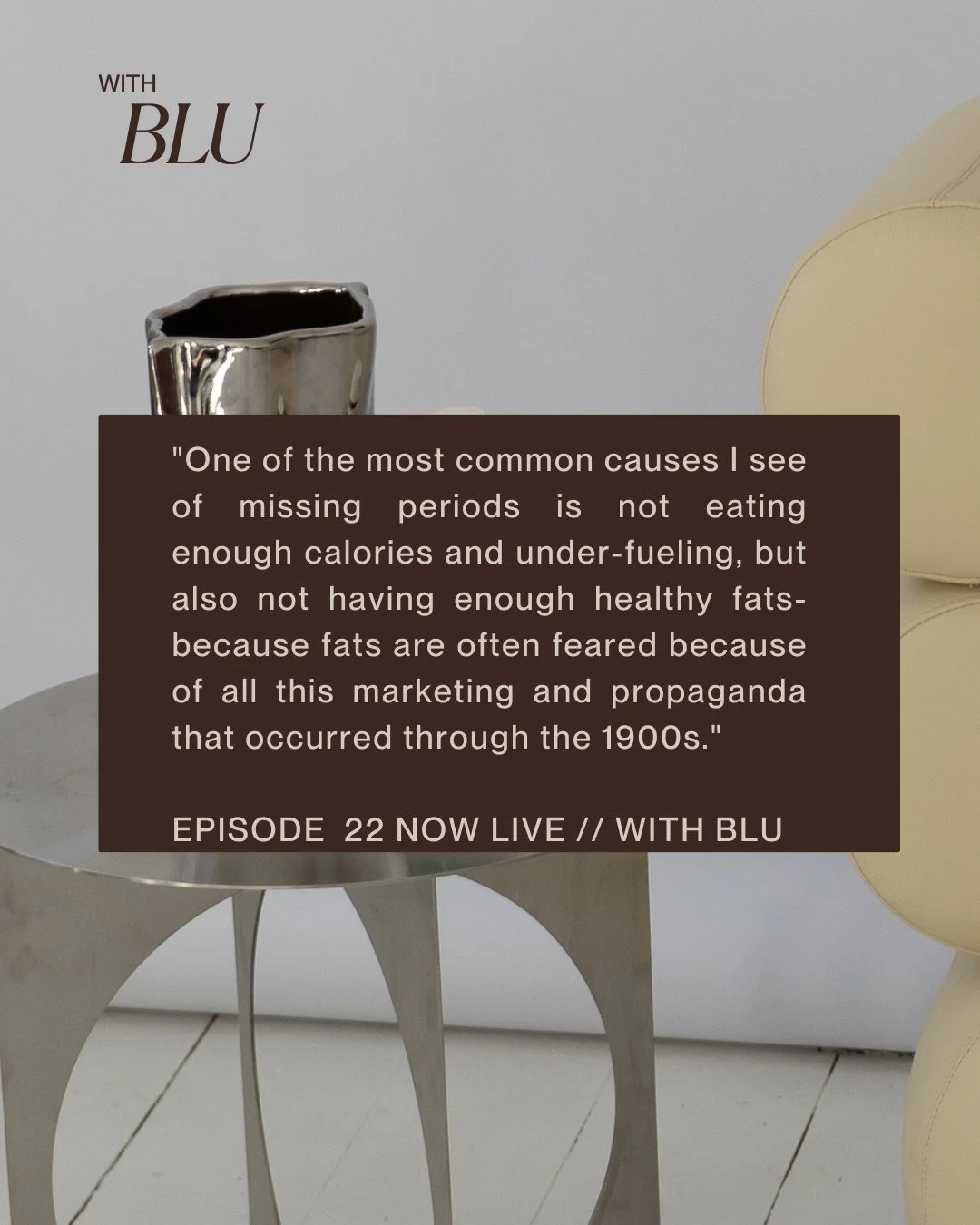 If you're experiencing missing periods, healthy fat is essential. Find out why on episode 22 of With Blu ⁠
⁠
⁠
⁠
#healthpodcast #guthealth #naturopath #guthealthpodcast #microbiome