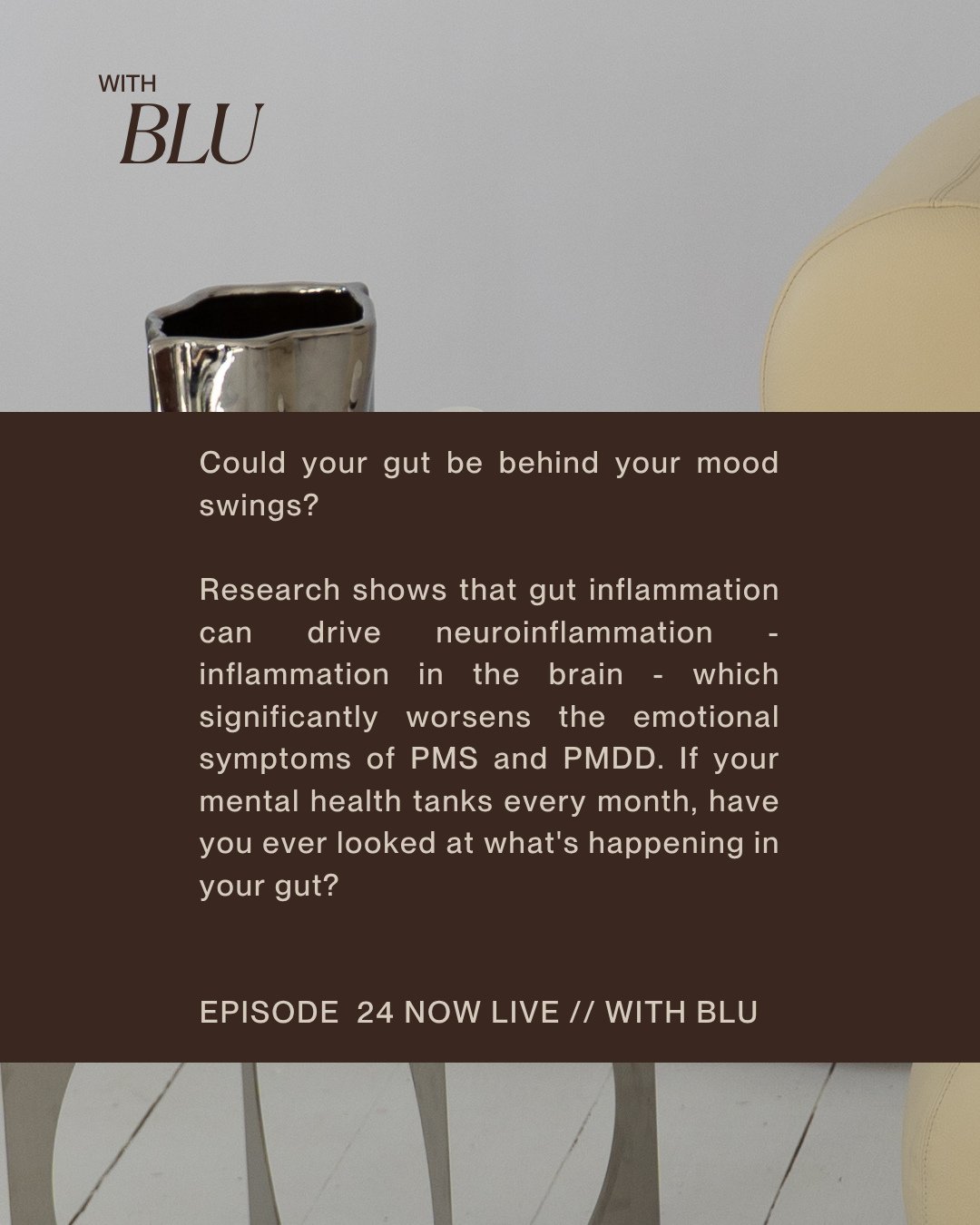 Did you know your gut can play a role in your mood ? Episode 24 unpacks why 🎧️⁠
⁠
⁠
⁠
#healthpodcast #naturopath #nutrition #pms #pmdd