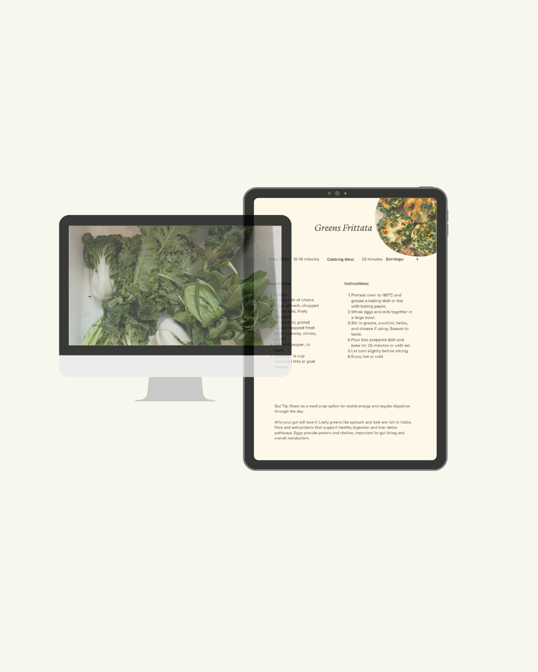 Two digital devices, a monitor displaying a recipe for Greens Frittata and a tablet, overlapping each other, with fresh greens on the background.