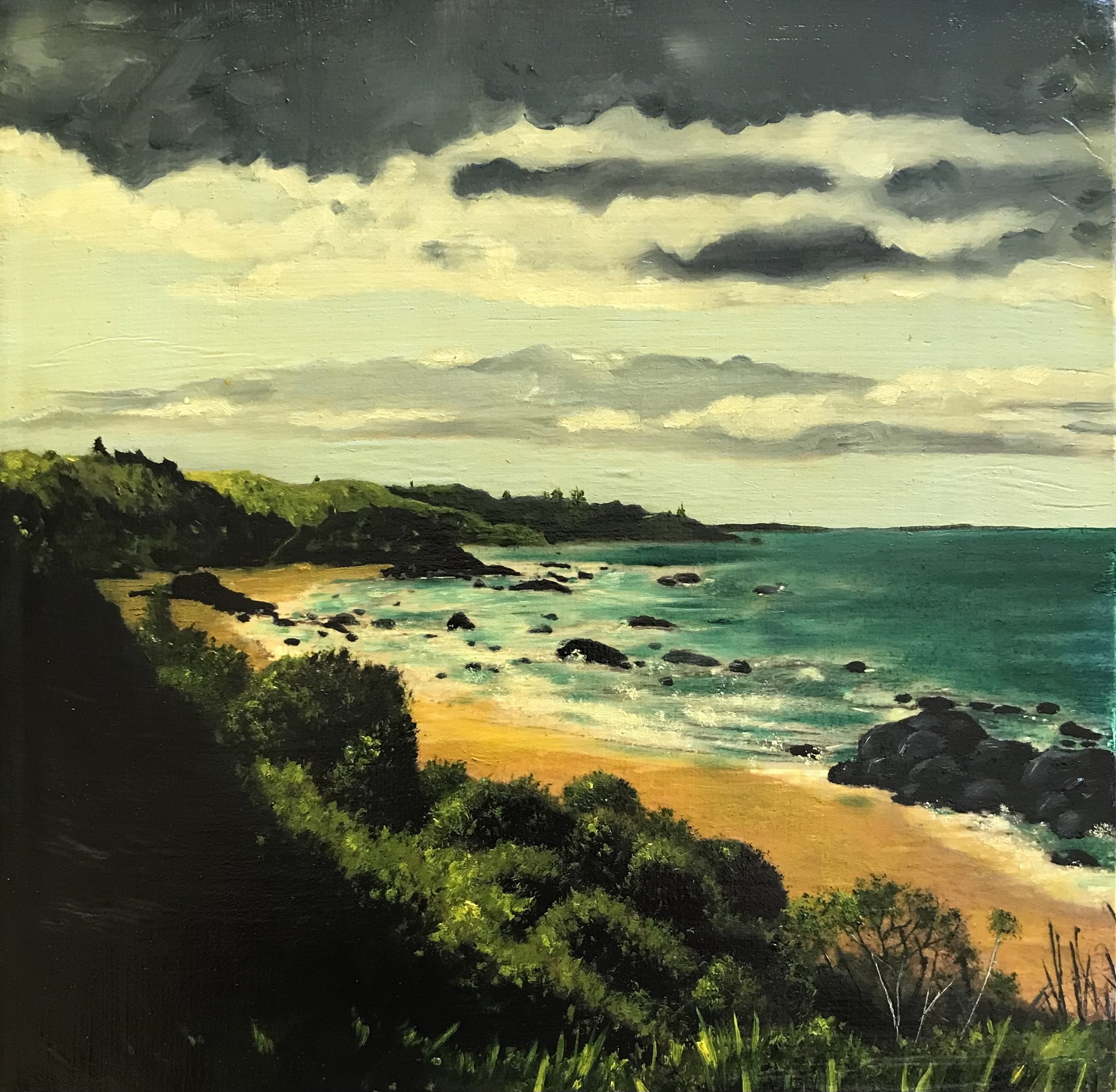 Nobbys Beach, 2023, oil on canvas, 20x20cm SOLD