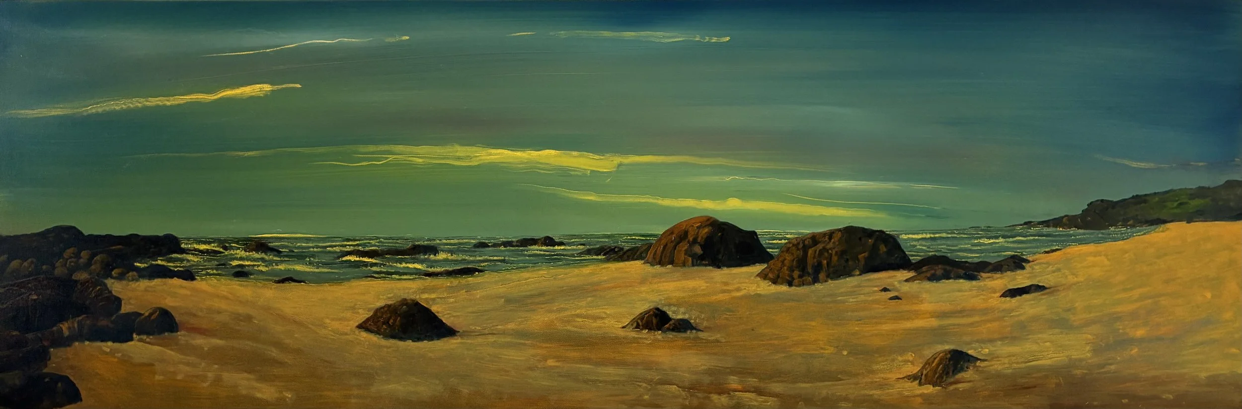 Twilight, Miners Beach, 2026, oil on canvas, 41x122cm