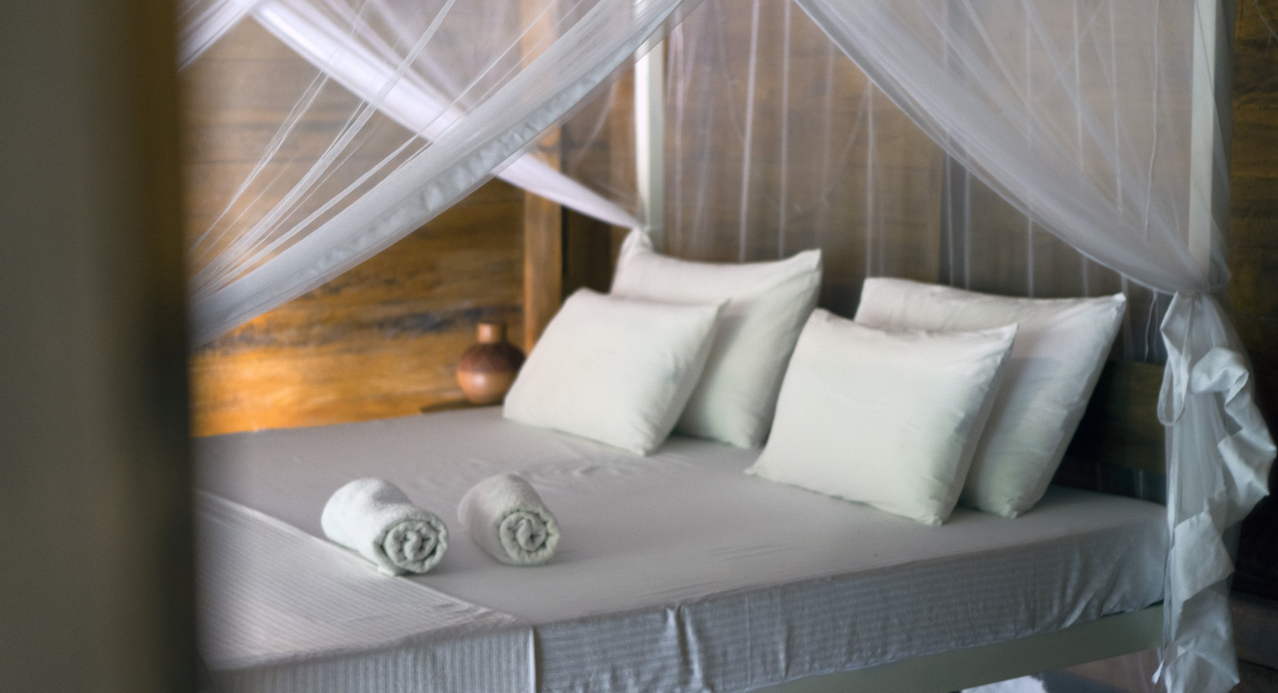 Cozy bed with white linens, pillows, and sheer canopy netting.