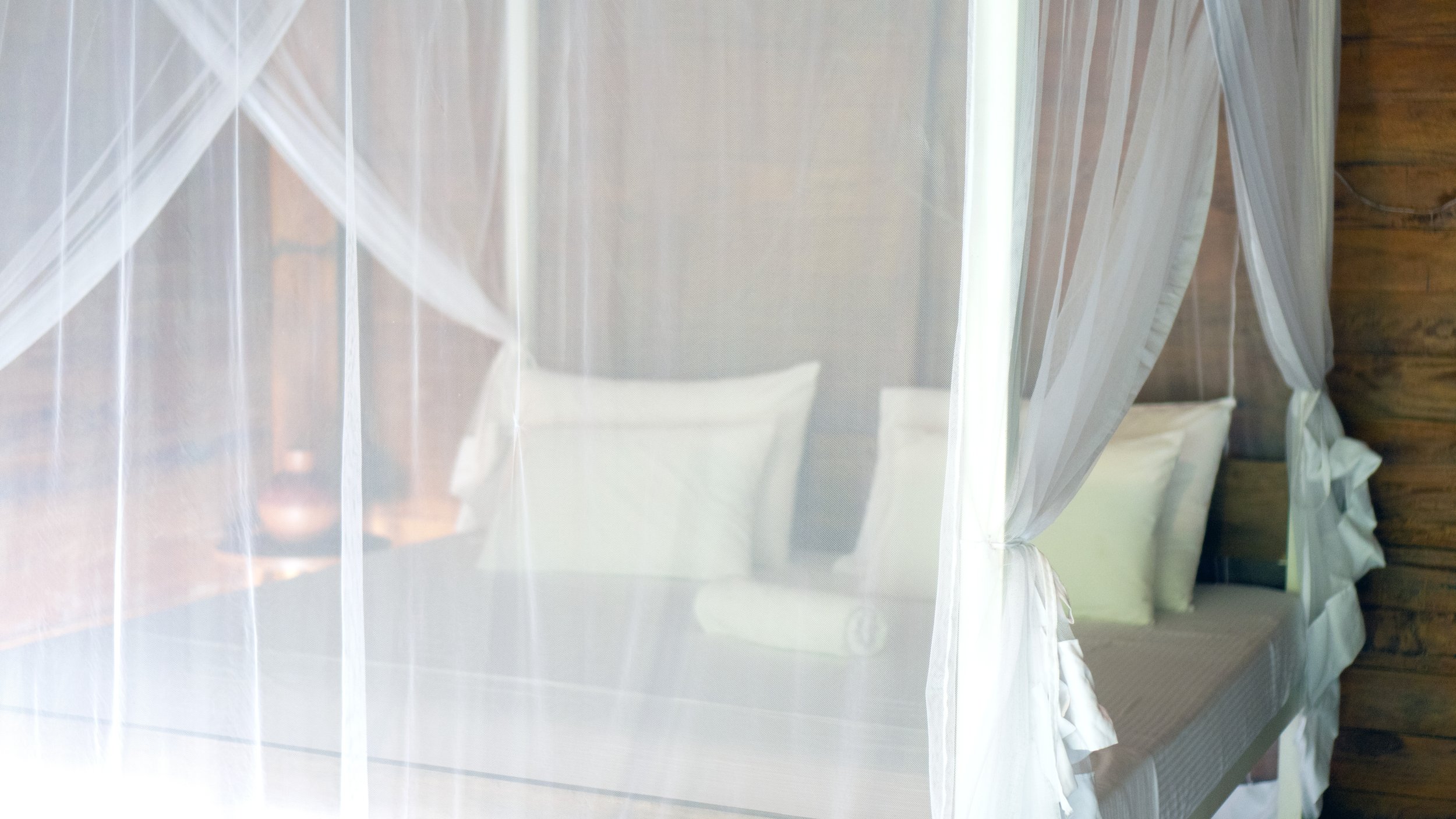 Bed with white canopy curtains and pillows in a wooden room