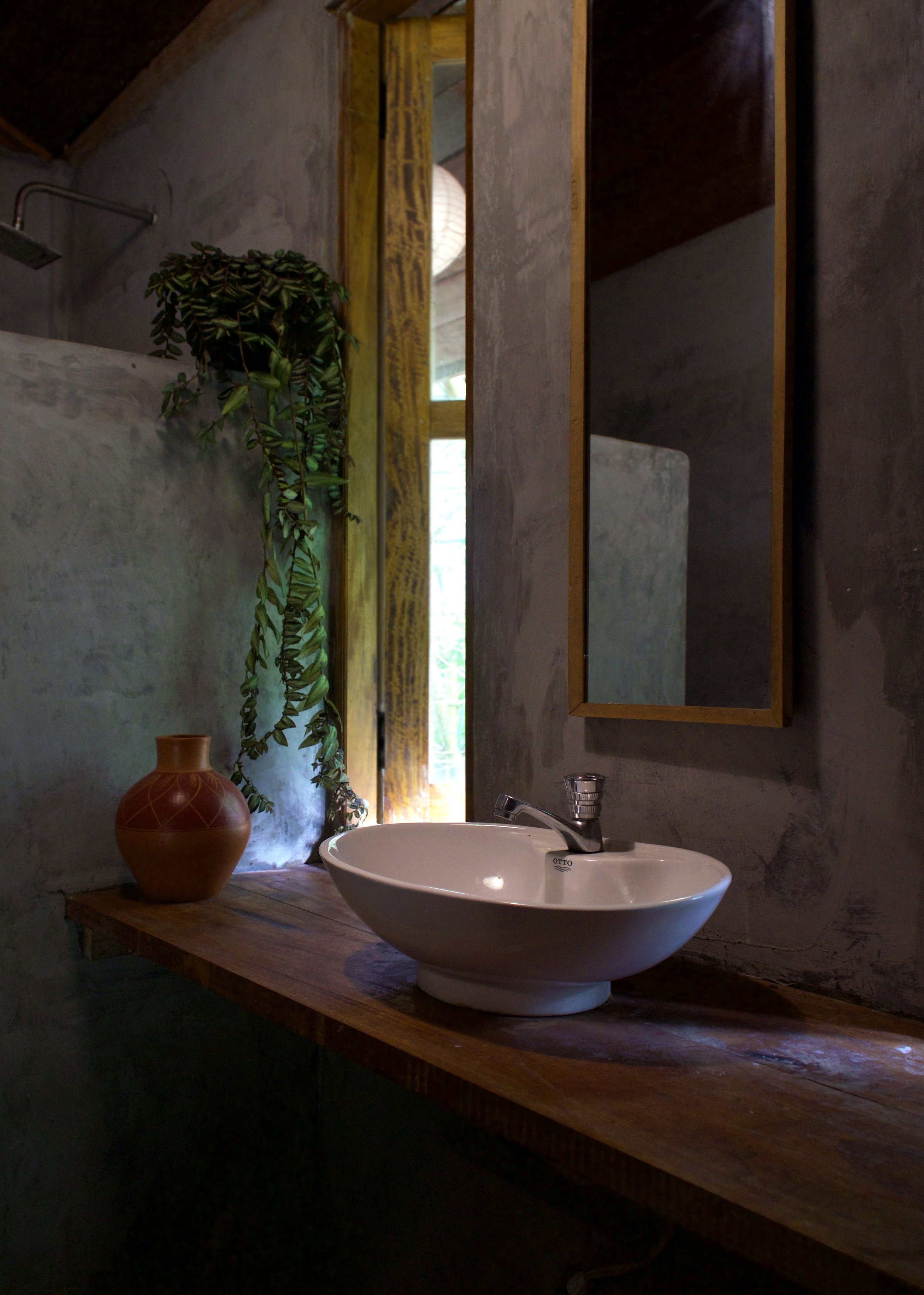 Island Cottage's bathroom interior with a round white sink on a wooden countertop, a small brown vase, a hanging plant, a tall rectangular mirror, and textured concrete walls. Natural light filters through a window in the background and offers a view