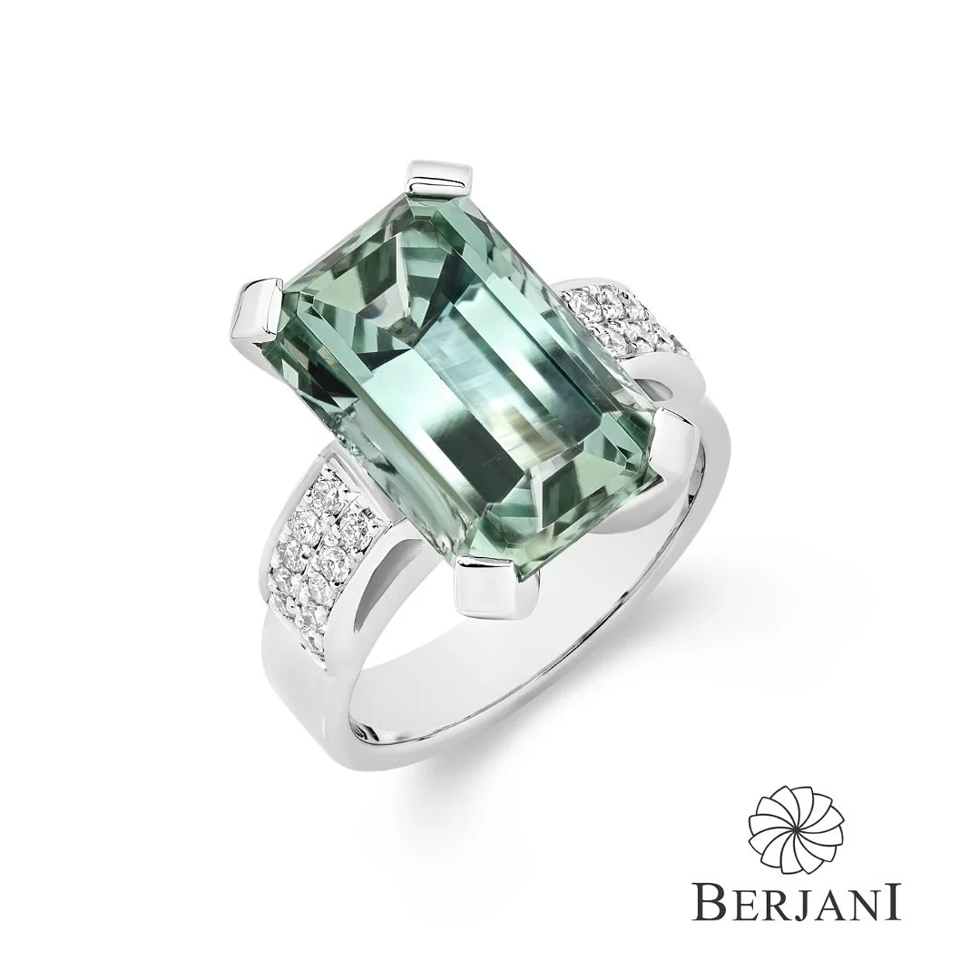 BERJANI Signature - Introducing one of the October gemstones&hellip; The amazing Tourmaline&hellip; Pictured is our new signature design Mint Tourmaline and diamond ring&hellip; Handcrafted in white gold&hellip; Now showing in our studio/showroom. 

