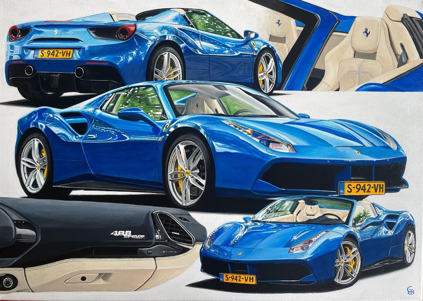 Suddenly remembered I didn&rsquo;t post my latest finished car painting yet&hellip; quite a special one, because of the special car and because of its composition! The car: a blu corsa Ferrari 488 spider with crema leather and yellow calipers! Quite 