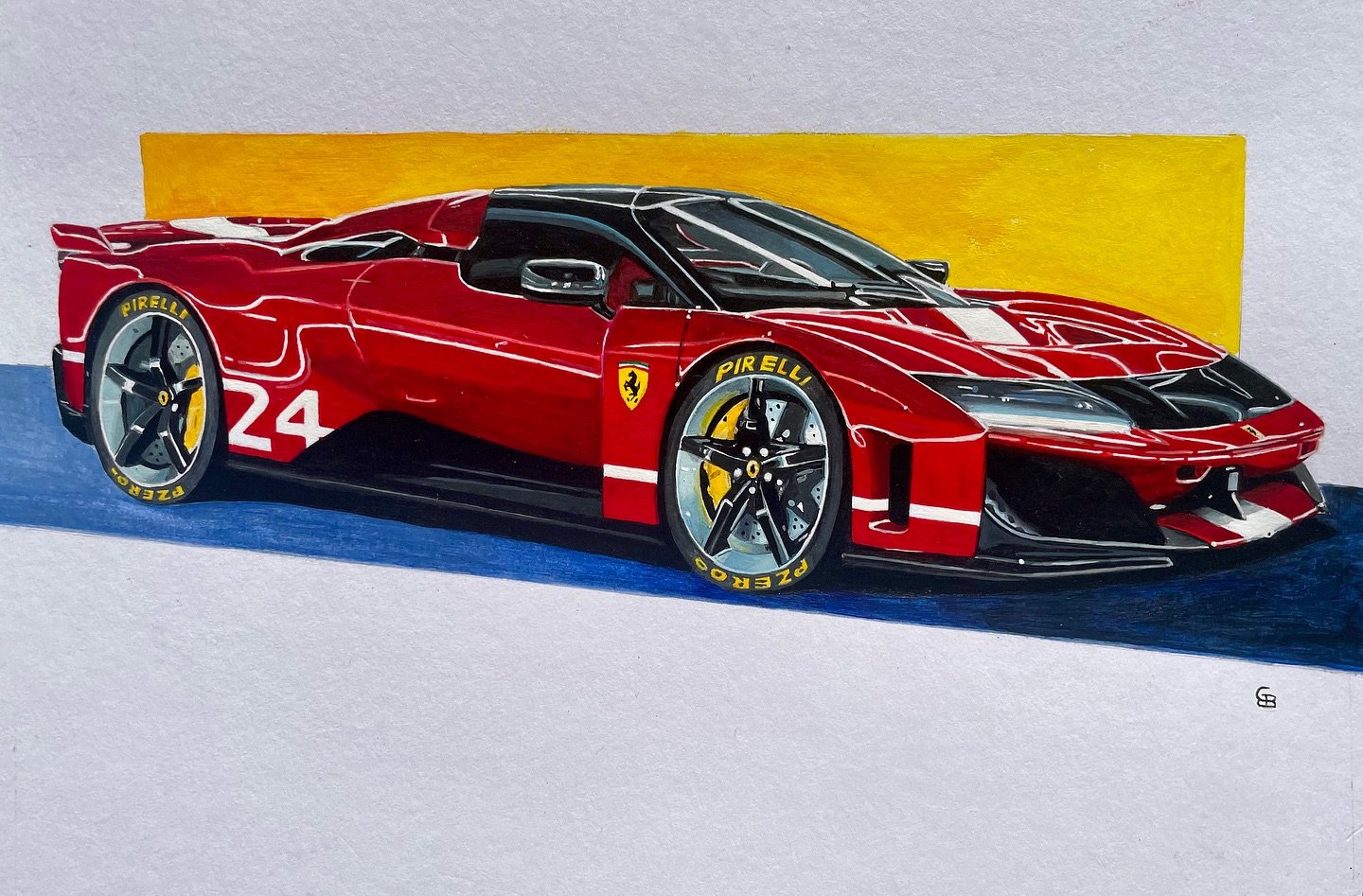 My painting of the new Ferrari F80! 🇮🇹
Acrylic on paper (25x10 cm).

First I searched for a nice still in the Ferrari video, then played with the configurator to make up my mind on a configuration. I love the green called Verde Francesca with a whi