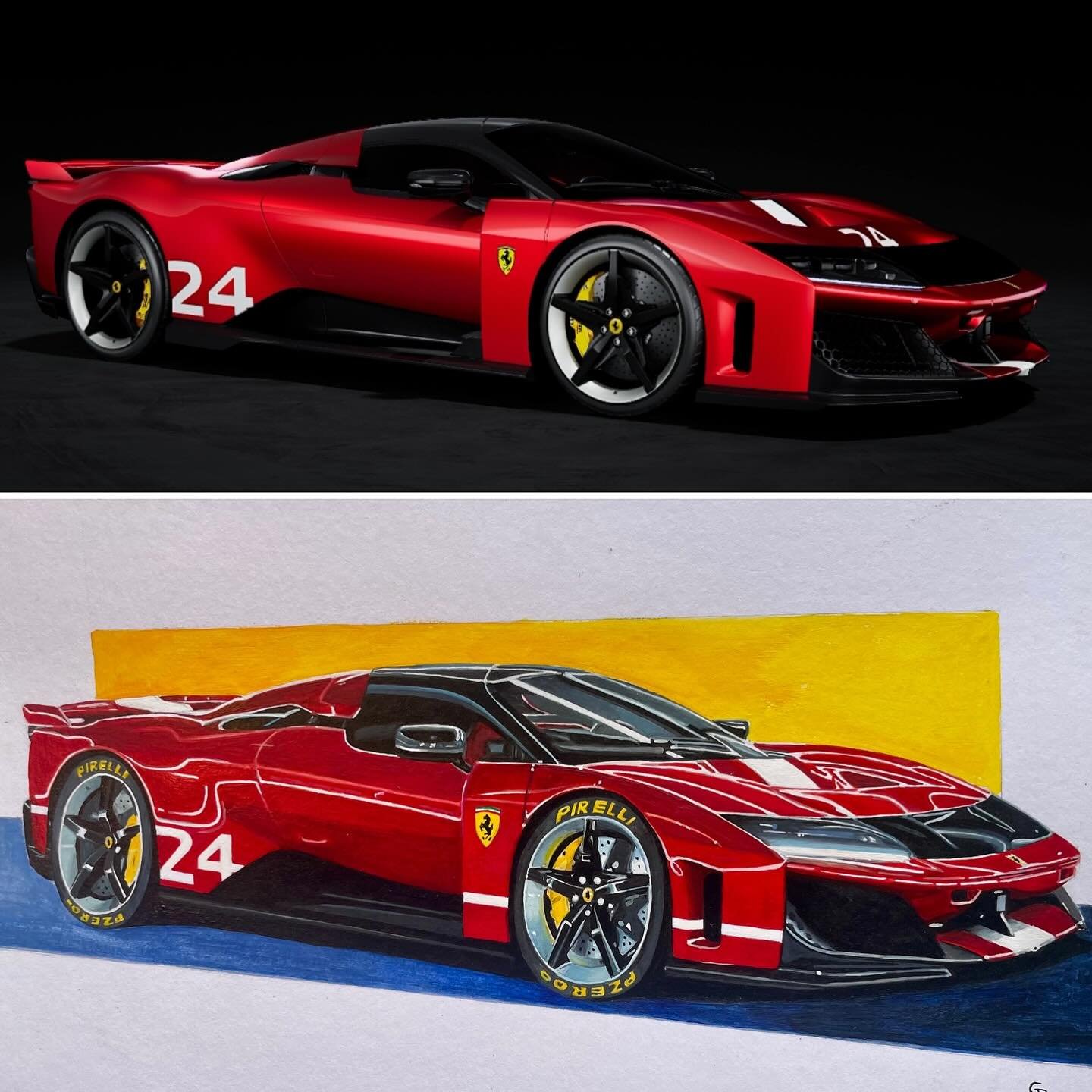 My painting and one of the configuration pictures I used as reference. I used three colors of red paint to make a deep shiny red color. The painting is 25x10 cm and took me about 8 hours. 
Hope you like it!
*
*
*
#ferrari #ferrarif80 #automotiveart #