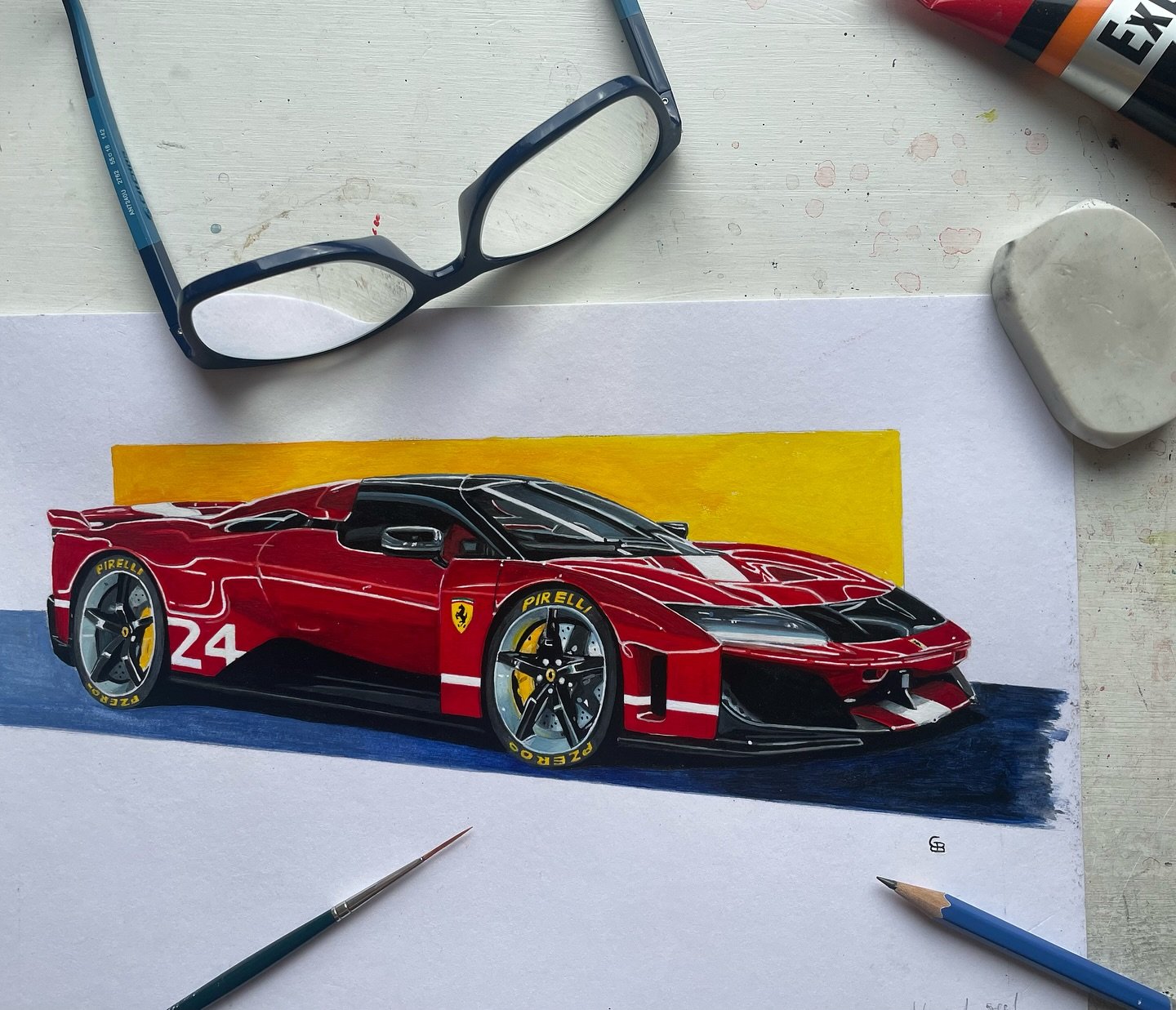 Yes, it is small! 25x10 cm.
I am currently working on some really large paintings but when the F80 was presented I thought about my &ldquo;monthly Monza&rdquo; project. For 8 months I made a small Ferrari Monza painting. Learned a lot from just doing