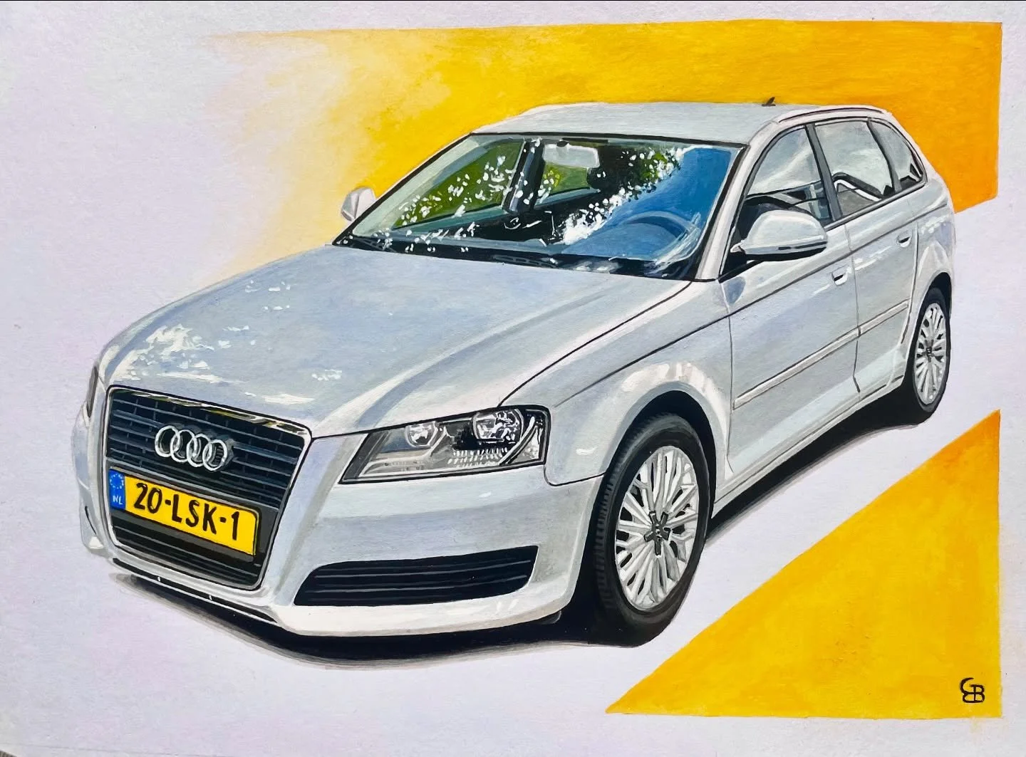 New painting!! Quite a lot of paintings in progress but today this one was picked up by the owner of this cool Audi A3! It was a present from a friend of my daughter to her boyfriend who got this Audi as his first car! He quite liked it 🤗 

 A4 pain
