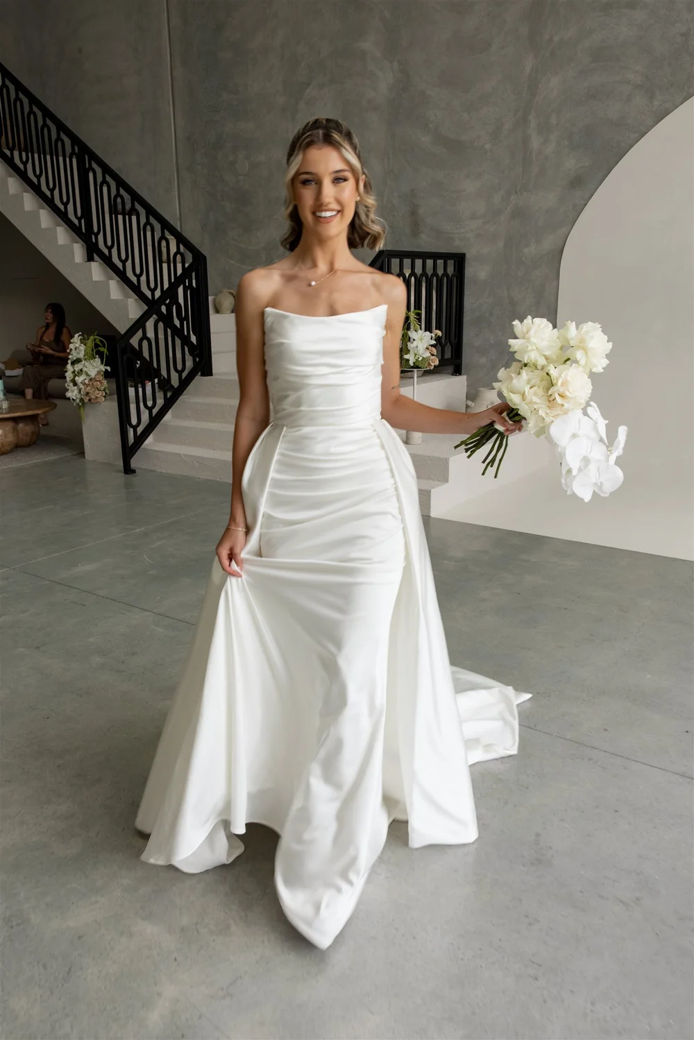 satin overskirt for wedding dress Strapless Satin Bridal Gown with Draped Overskirt JB43622