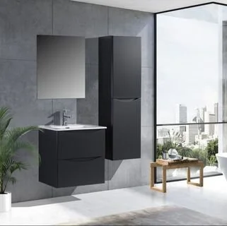 Modern bathroom with a black floating vanity, gray wall, mirror, tall black cabinet, and large window with city view.